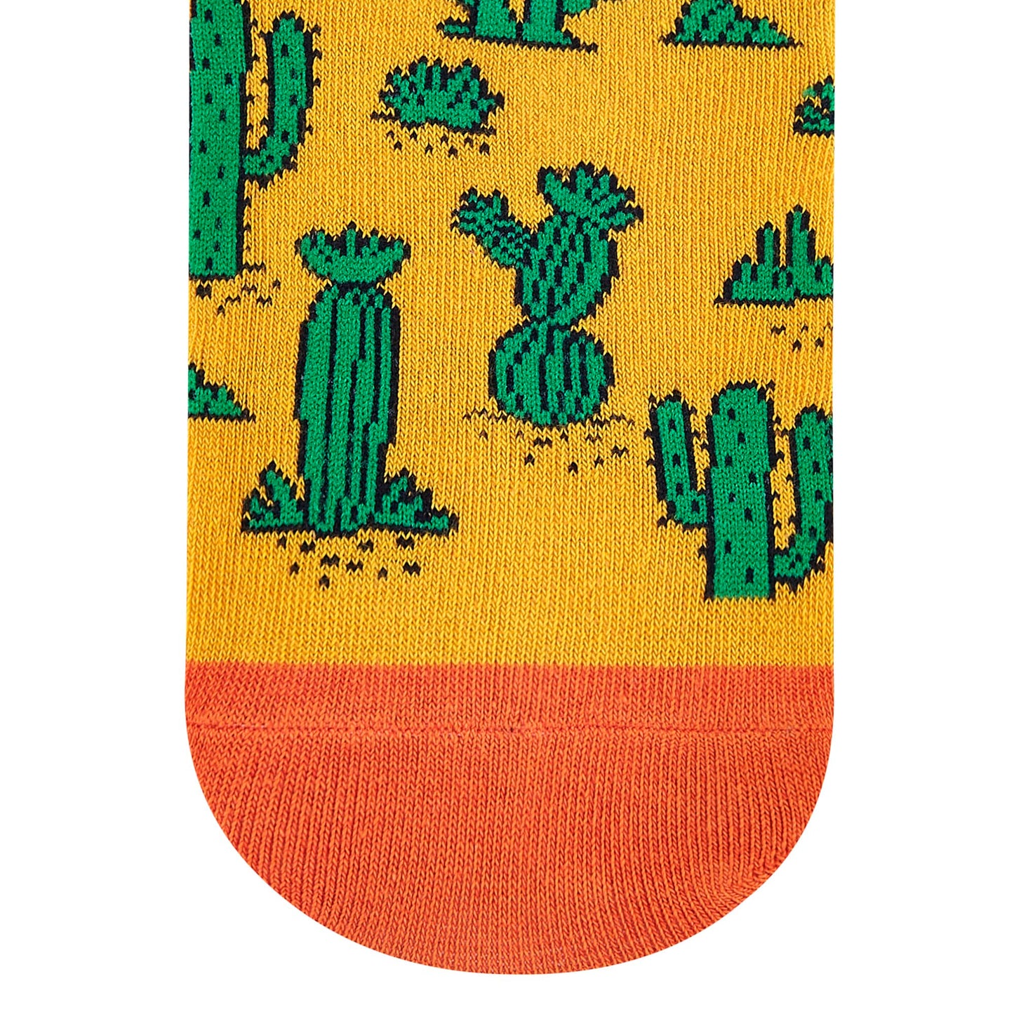 Cactus yellow crew socks with green cacti and orange cuff for men and women — Dynamocks - Closeup