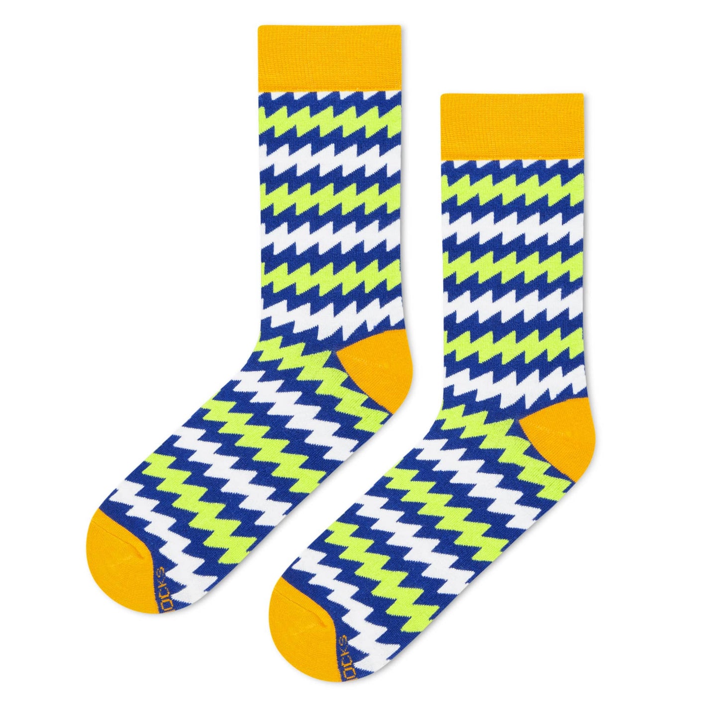 Electro funky crew socks for men and women — bold zigzag design with marigold cuff and toe — Dynamocks
