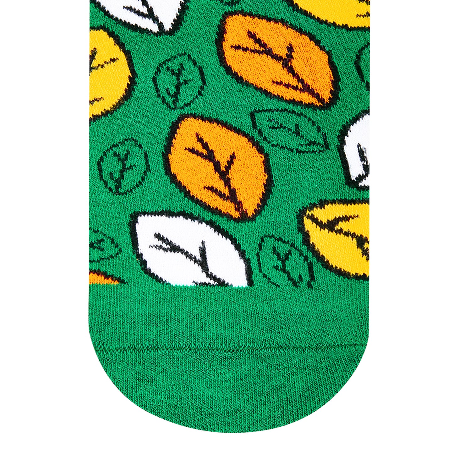 Fresh botanical leaf crew socks on green with yellow, orange and white leaves — Dynamocks India - Closeup