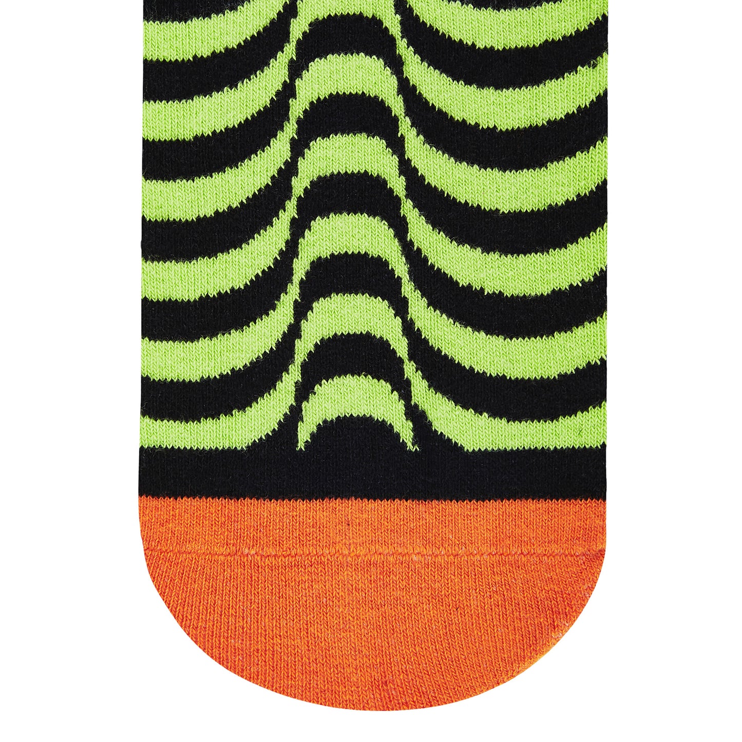 Illusion crew socks closeup — neon green and black optical stripe design — Dynamocks