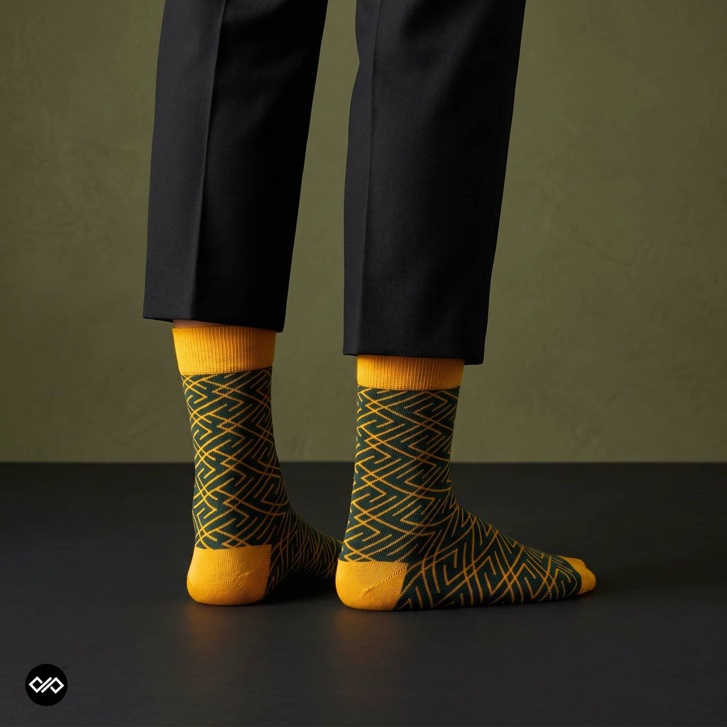 Ace green and mustard geometric crew socks for men and women – Dynamocks
