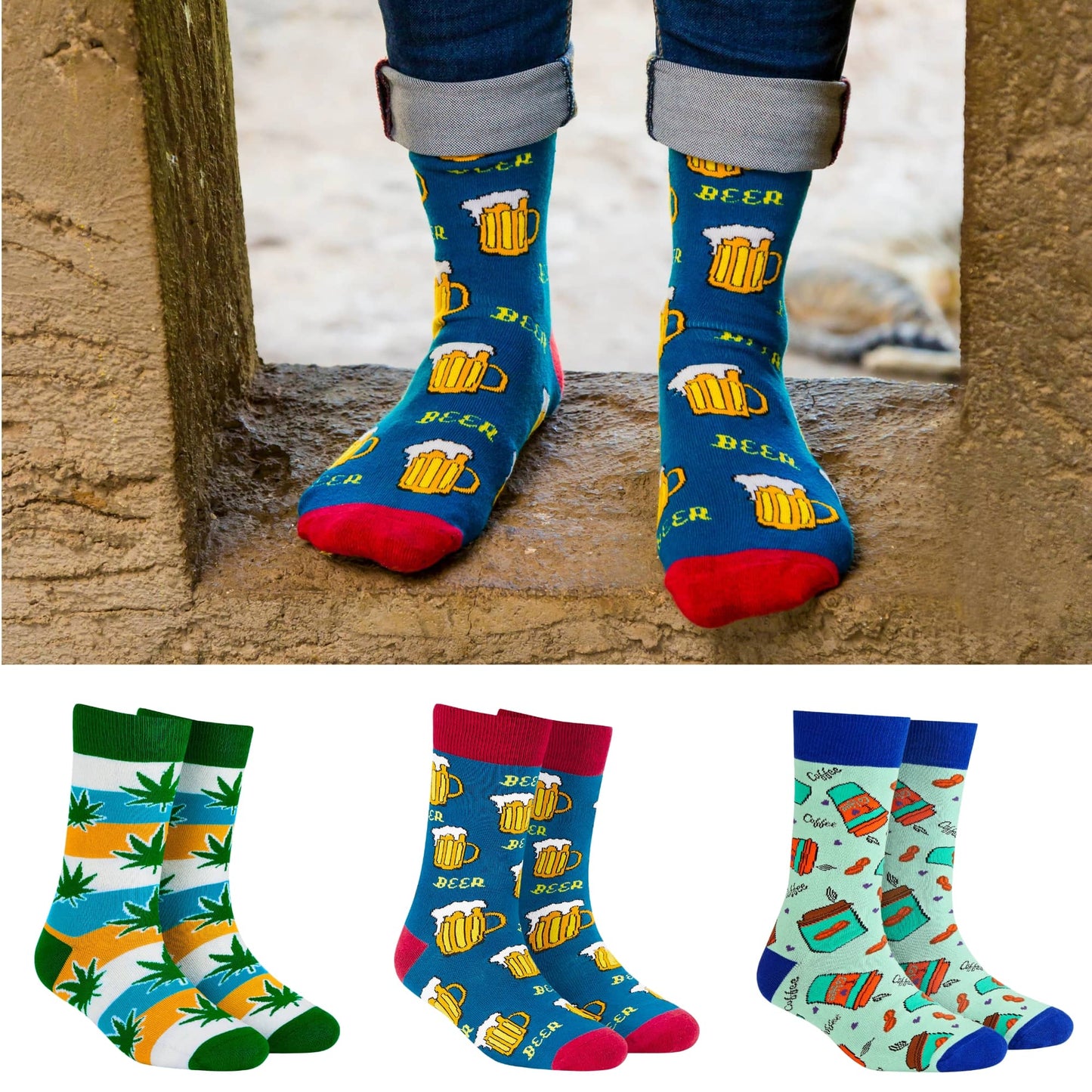 Beer + Coffee Cup + Happy Leaf Crew Length Socks