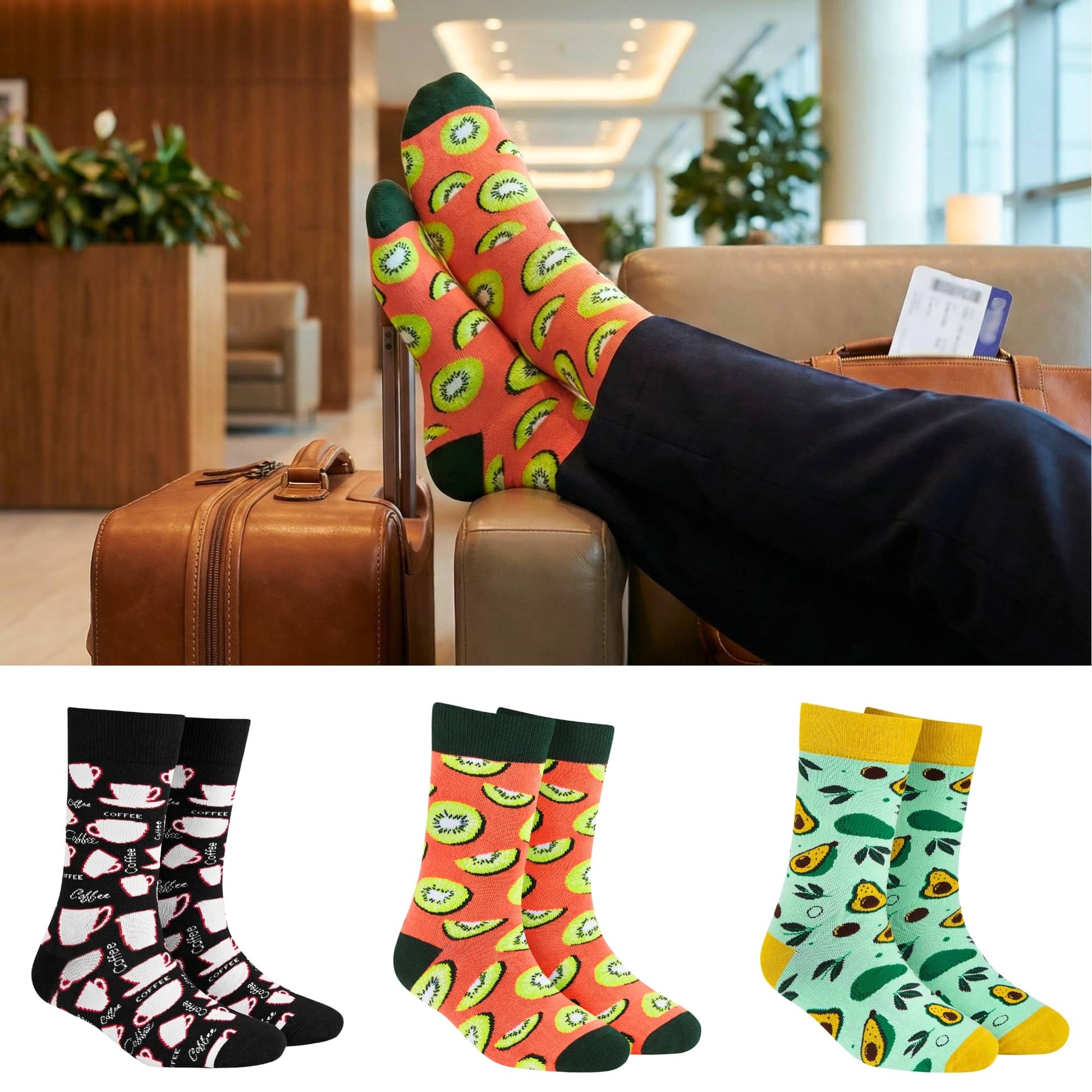 Black Coffee + Kiwi + Avocados Crew Length Socks for Men and Women.