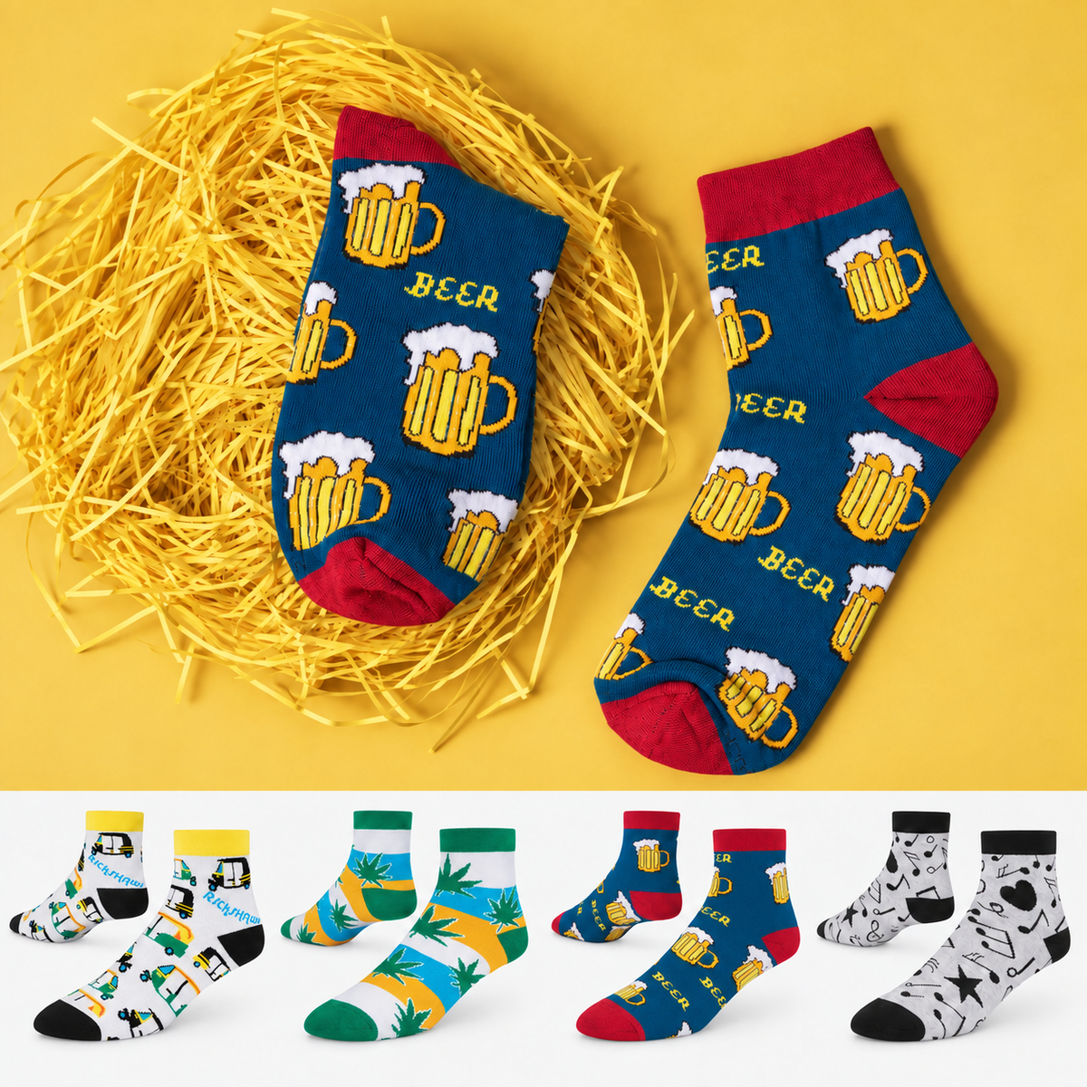 Good Vibes 4-pack ankle socks with Beer, Happy Leaf, Rickshaw and Music designs