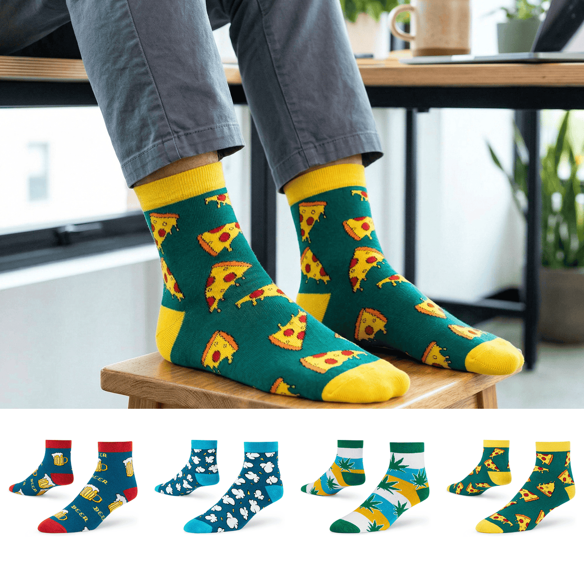 Weekend Fuel 4-pack ankle socks with Beer, Pizza, Popcorn and Happy Leaf designs