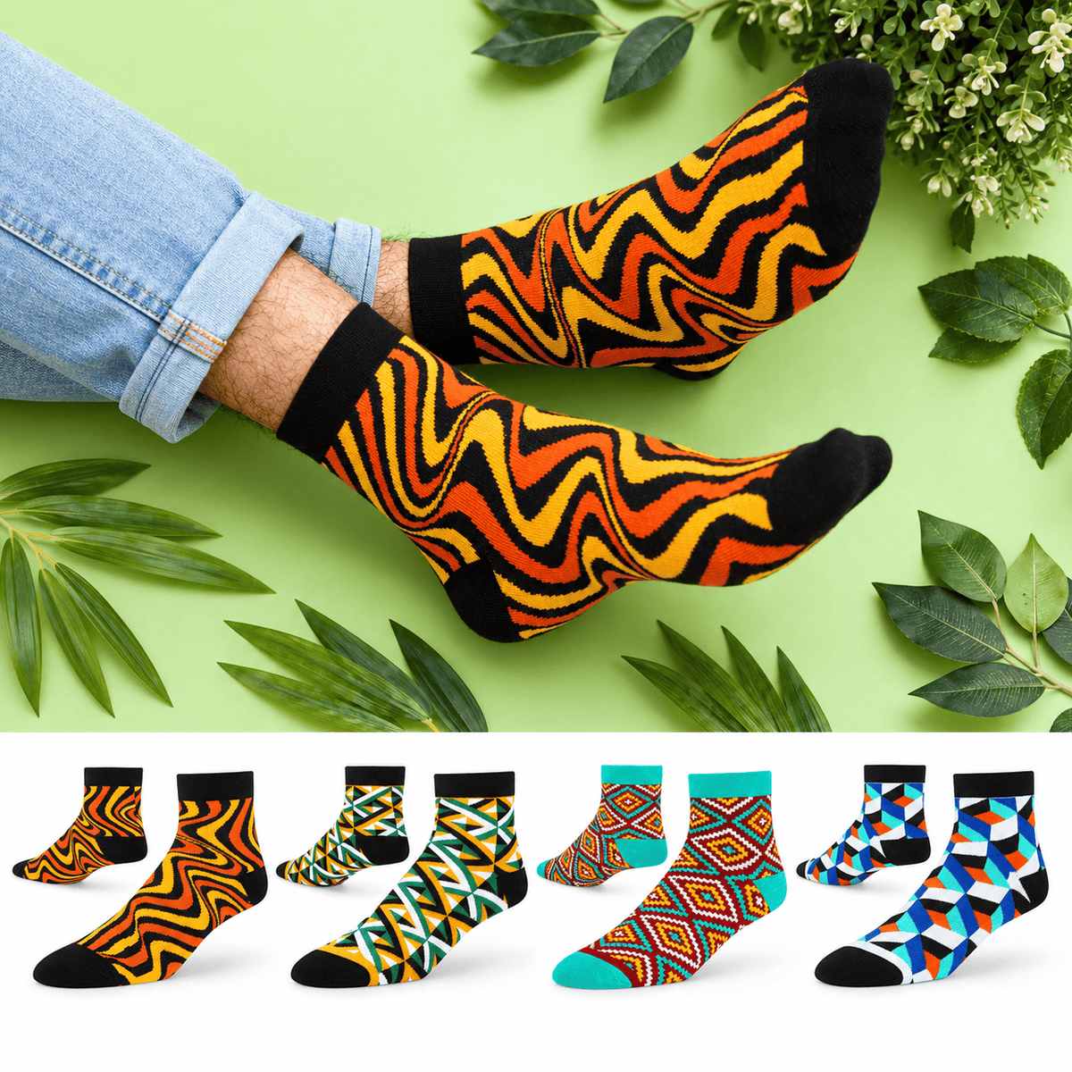 Pattern Play 4-pack ankle socks with Sizzle, Crossover, Rangoli and Cube designs