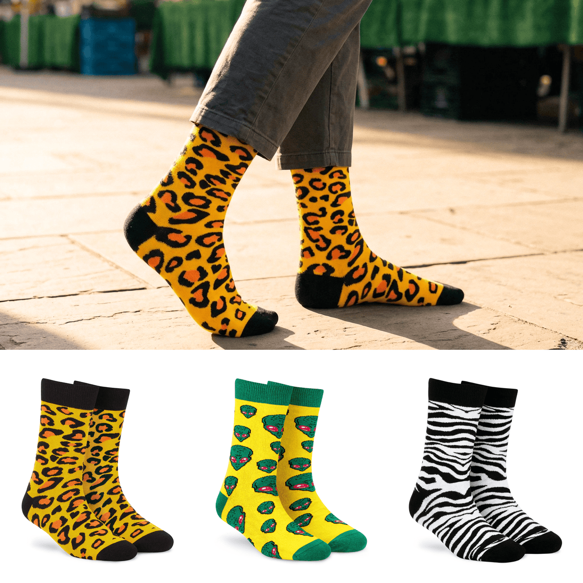 Wild Luxe premium crew socks 3-pack with Leopard, Zebra and Alien designs