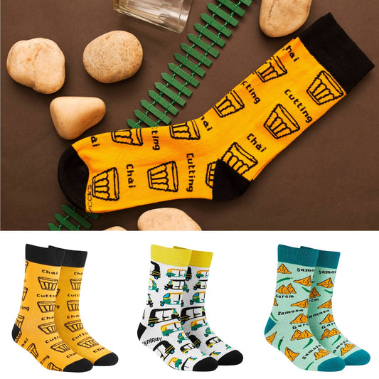 Dynamocks Cutting Chai + Rickshaw + Samosa Crew Length Socks for men and women.