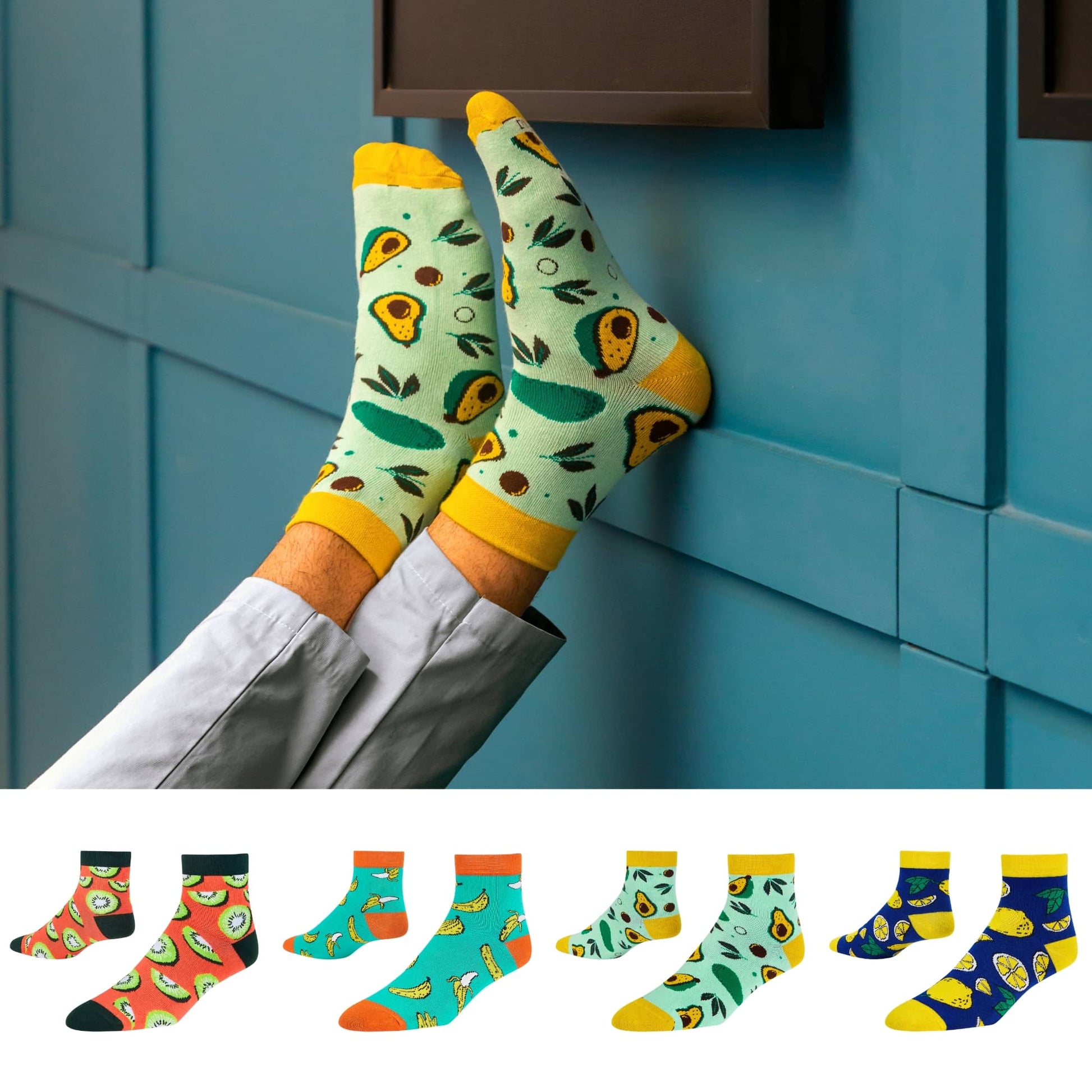 Dynamocks Avocados + Banana + Kiwi + Lemons ankle length socks for men and women.