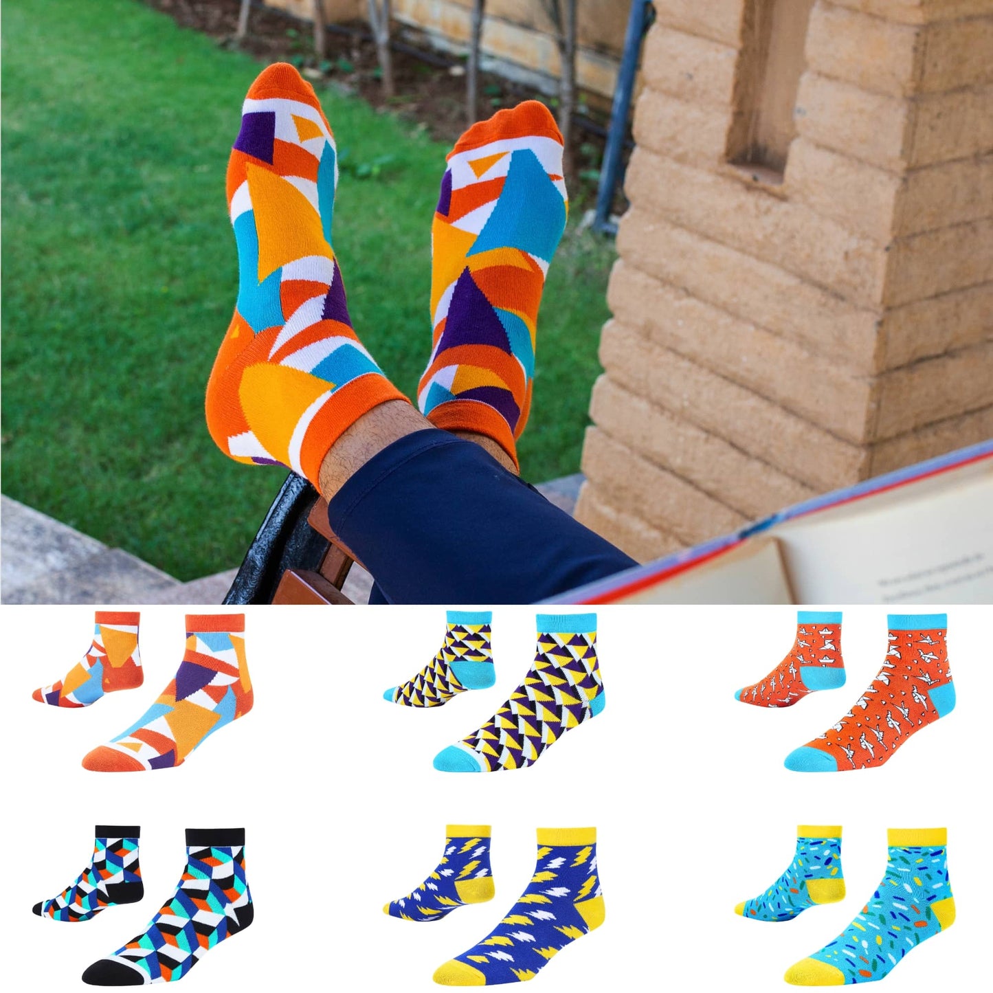 Dynamocks Pizzazz + Cube + Prism + Bolt + Origami + Sprinkles Ankle Length Socks for men and women.