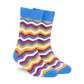 Banger chevron crew socks side angle — red, yellow, blue & white zigzag pattern — Dynamocks