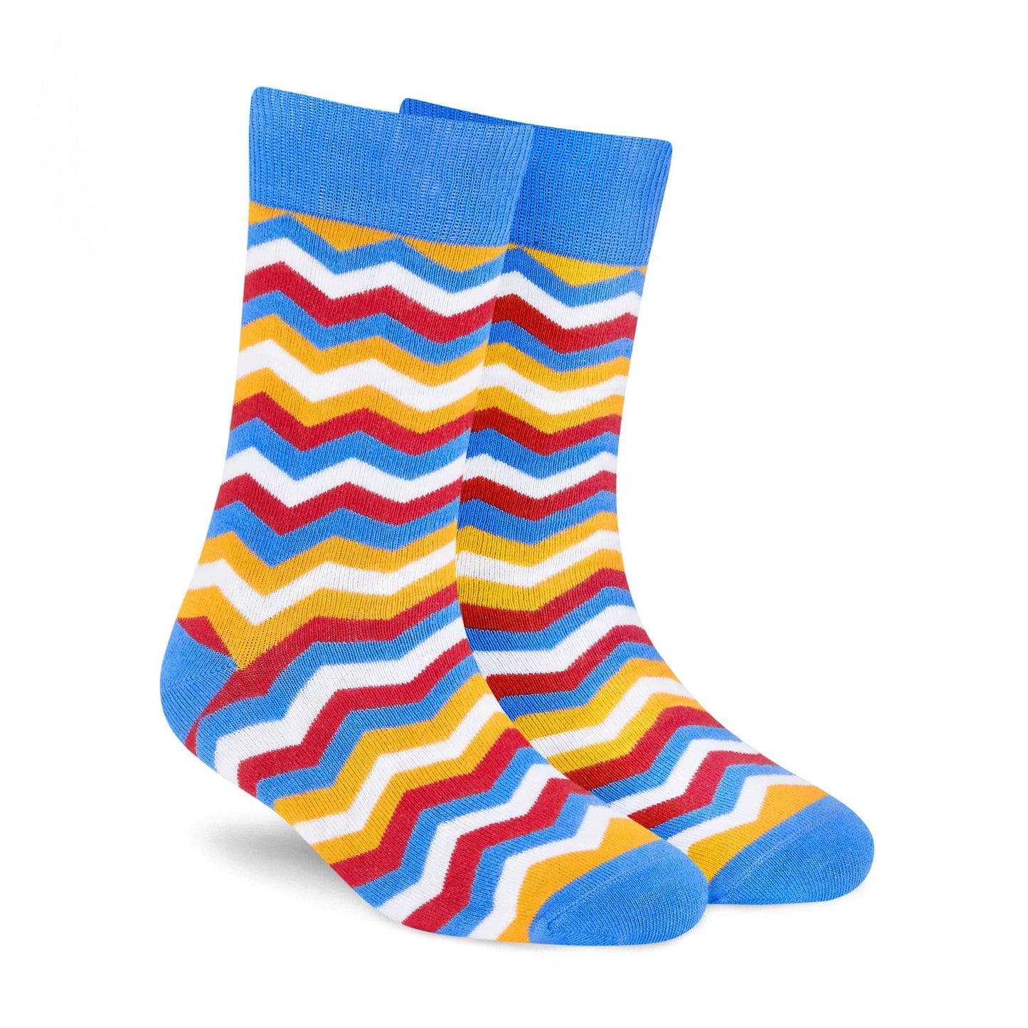 Banger chevron crew socks side angle — red, yellow, blue & white zigzag pattern — Dynamocks