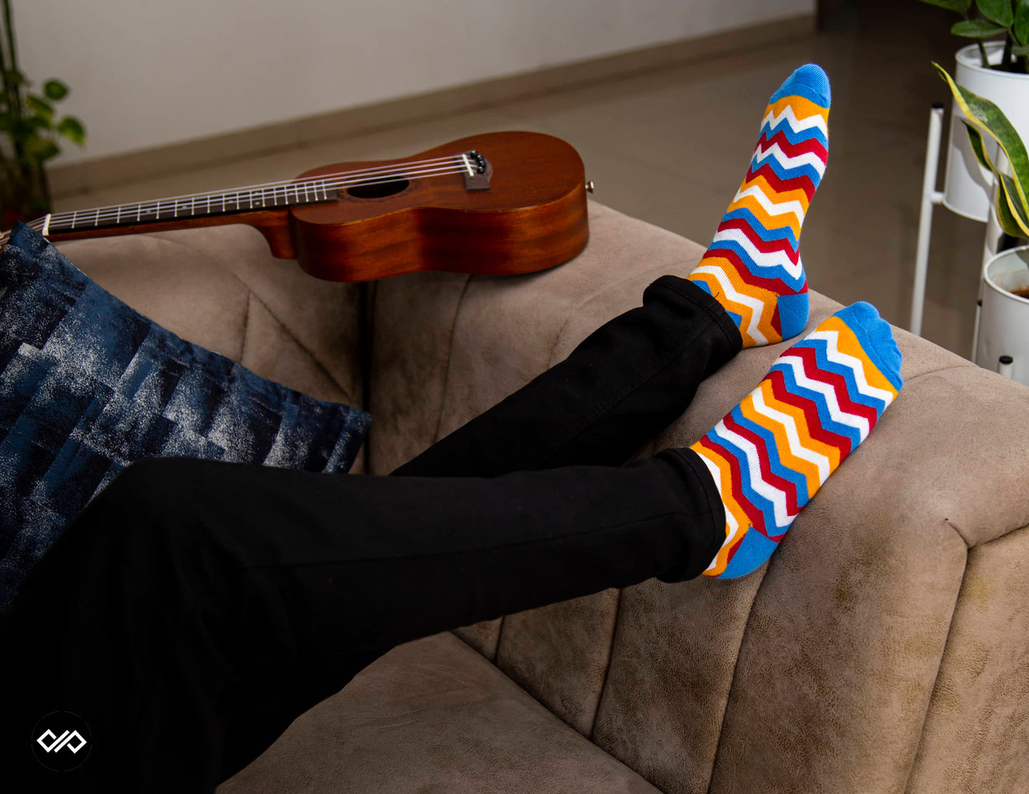 Banger chevron crew socks for men and women — red, yellow & blue zigzag designer pattern — Dynamocks India