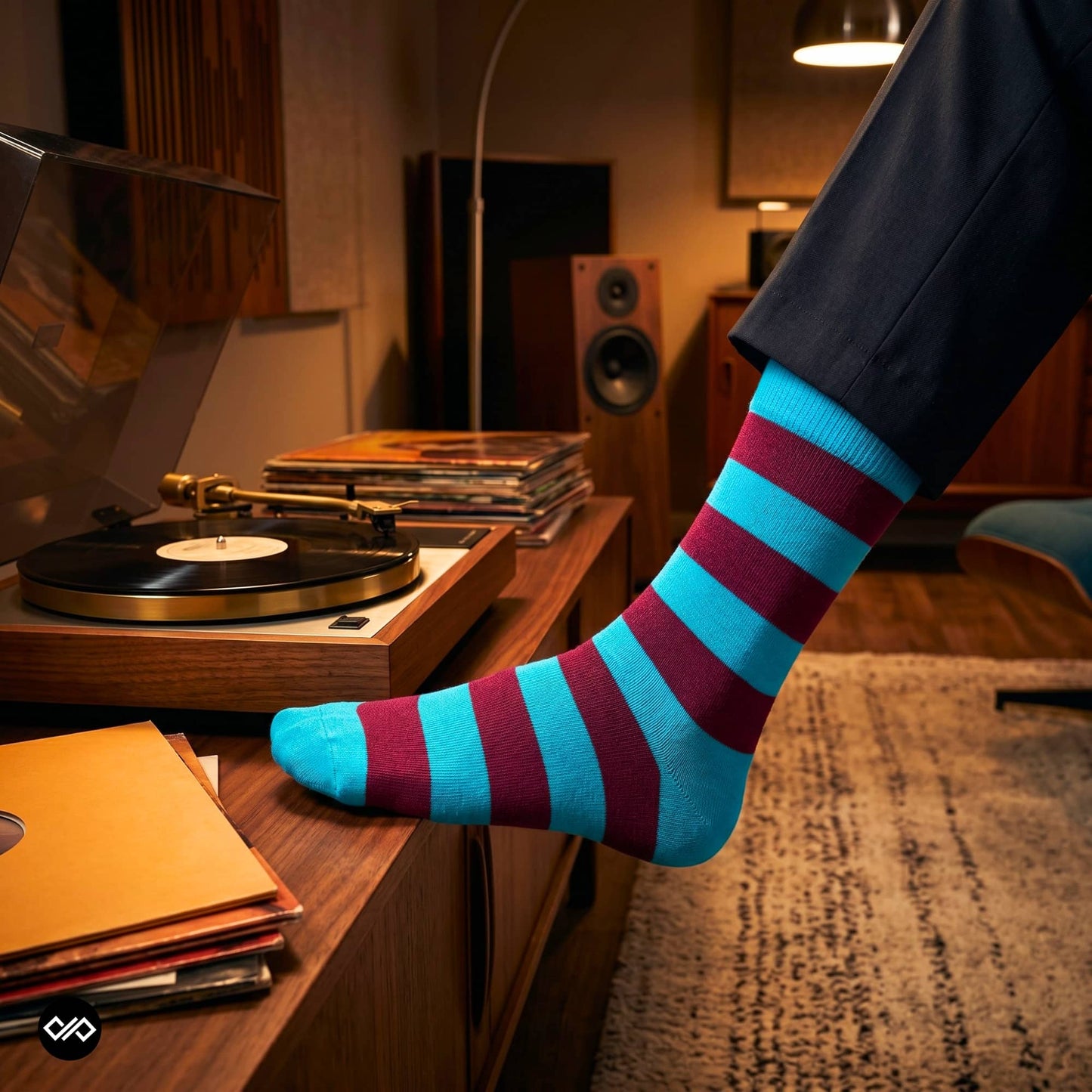 Bold Stripes Aqua Wine crew socks styled in a mid-century vinyl listening room — premium cotton socks — Dynamocks