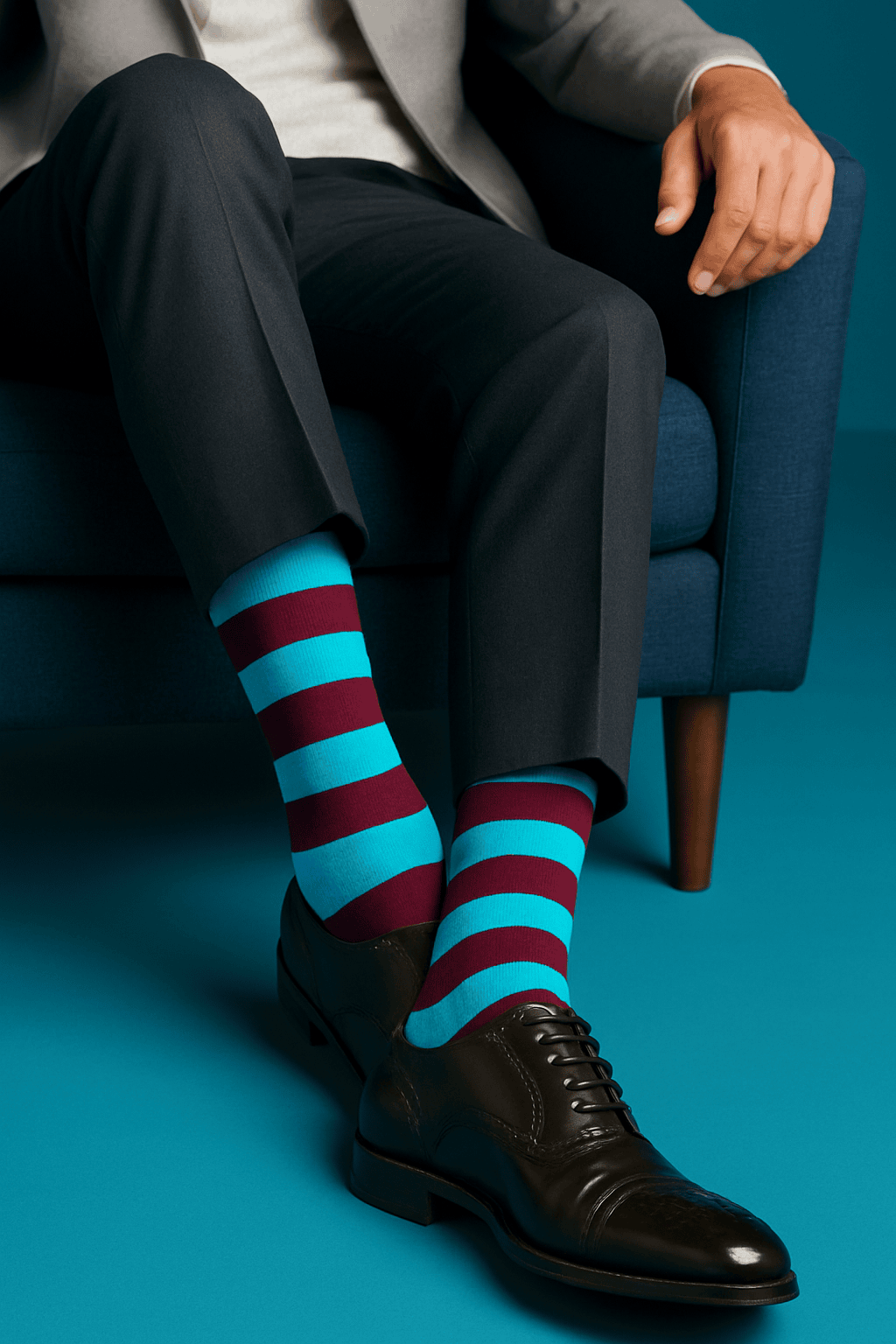 Bold Stripes Aqua and Wine crew socks styled with charcoal suit trousers and black Oxford shoes — Dynamocks