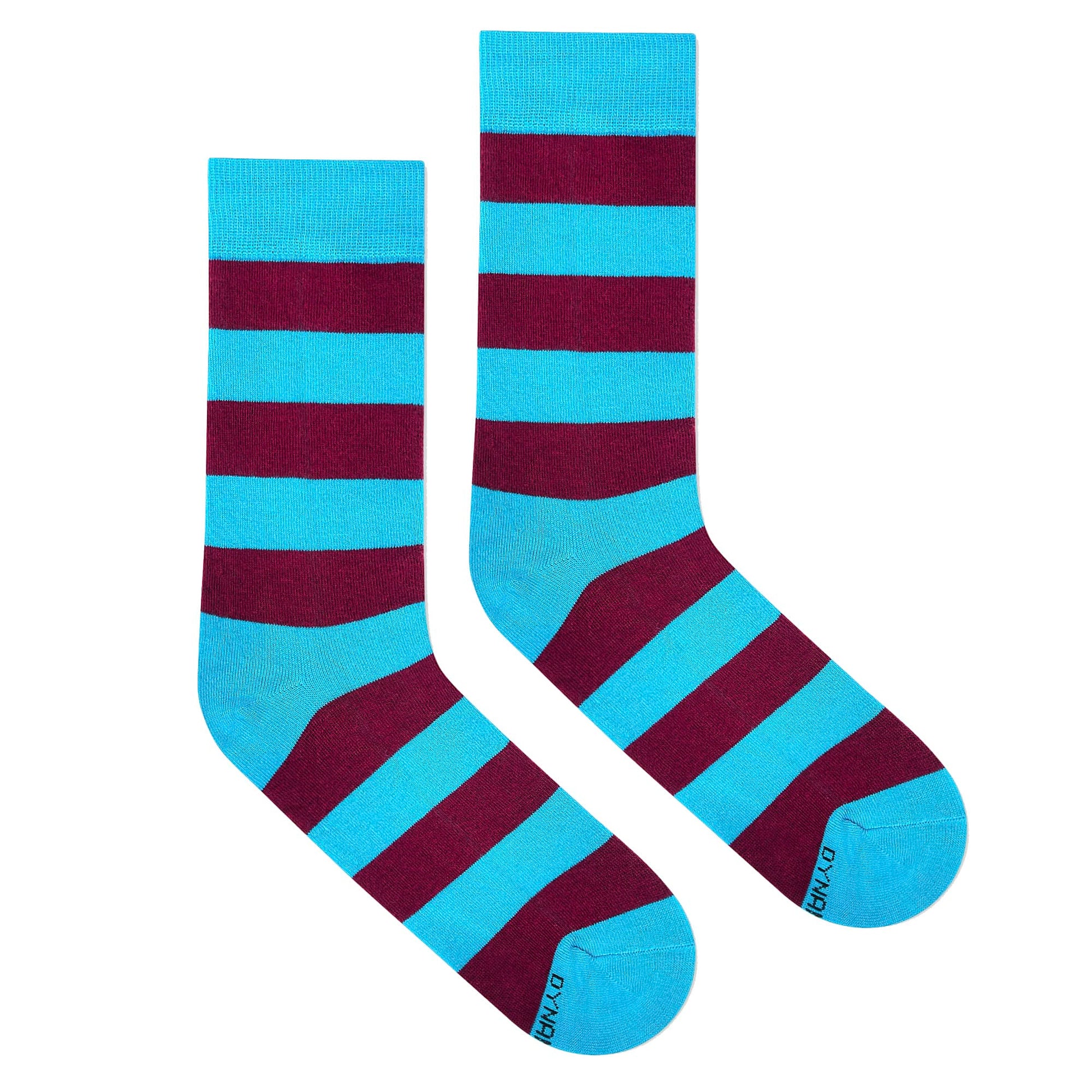 Bold Stripes Aqua and Wine crew length socks for men and women — Dynamocks - Right Flat Lay