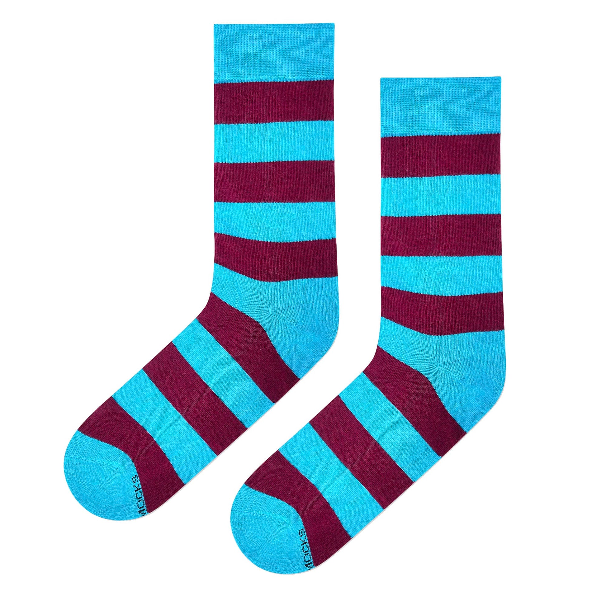 Bold Stripes Aqua and Wine crew length socks for men and women — Dynamocks - Left Flat Lay