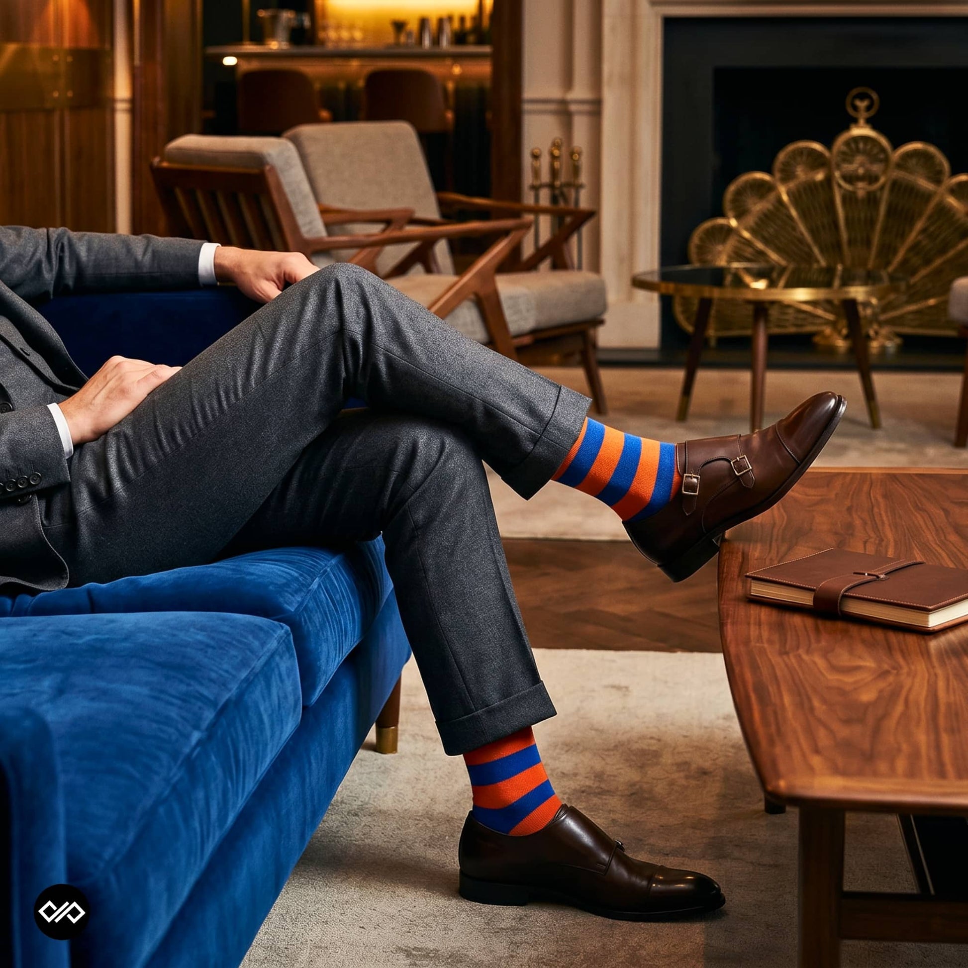 Bold Stripes Blue Orange crew socks paired with charcoal suit trousers and brown monk strap shoes in a luxury lounge — Dynamocks