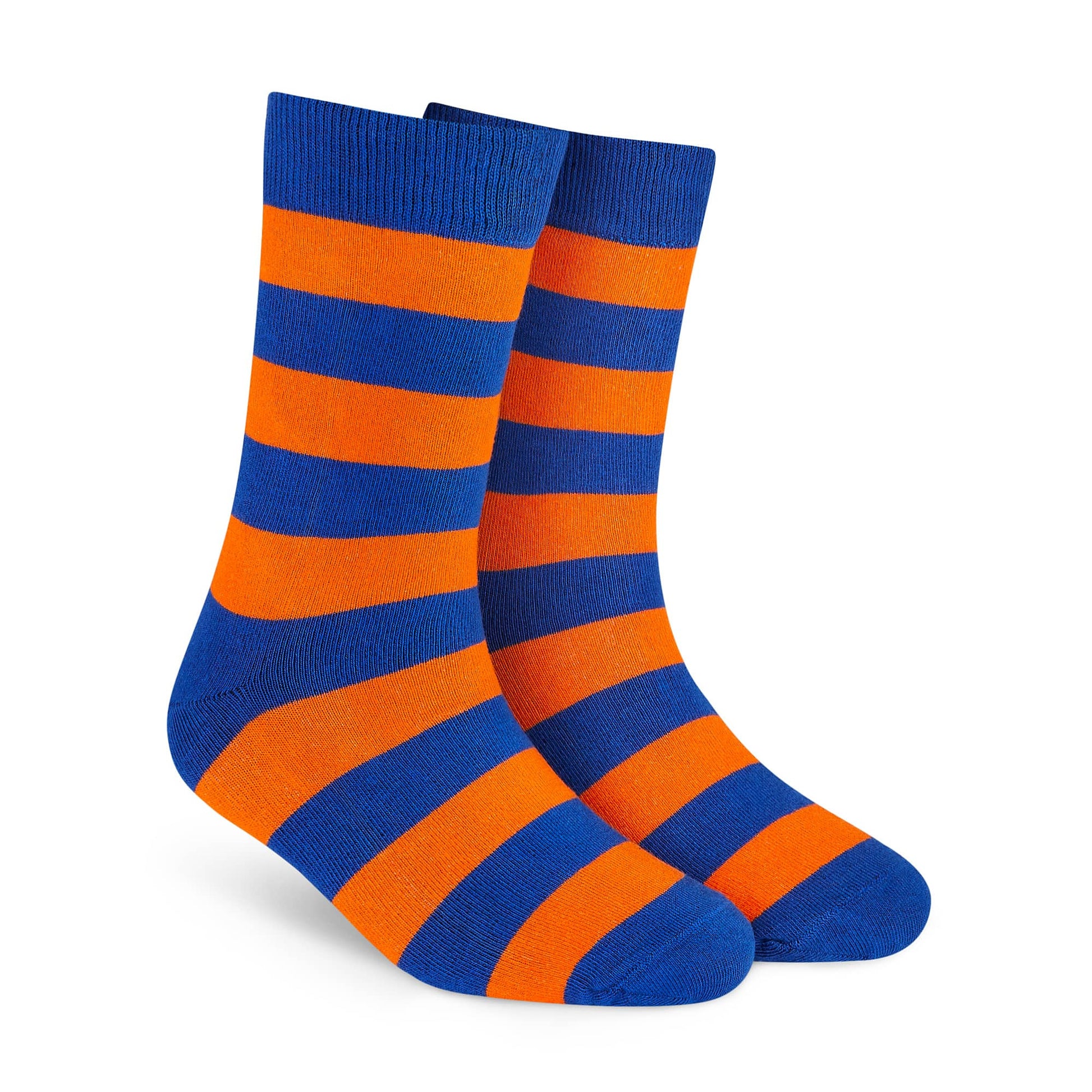 Bold Stripes Blue and Orange crew length socks for men and women — Dynamocks - Right Angle