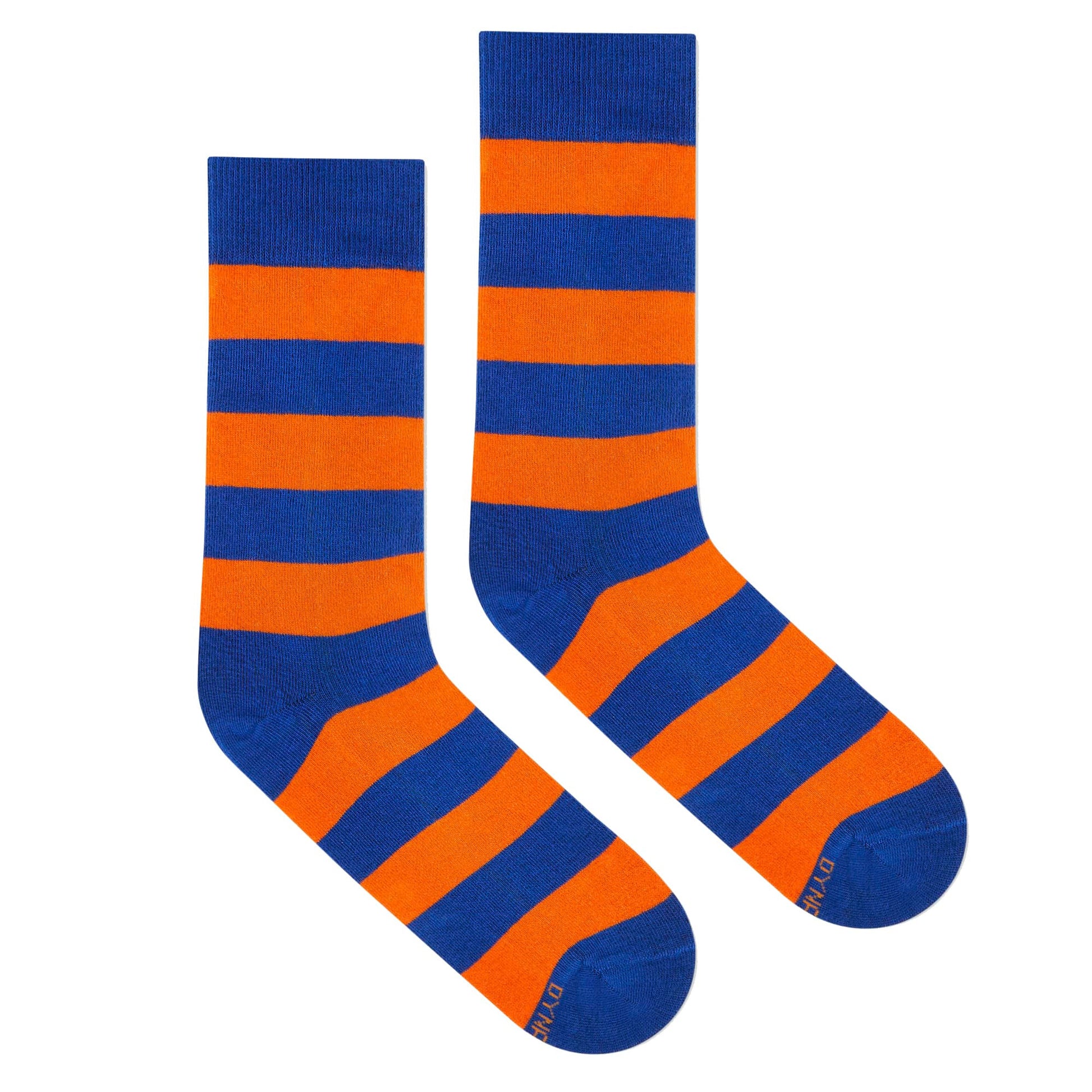 Bold Stripes Blue and Orange crew length socks for men and women — Dynamocks - Right Flat Lay