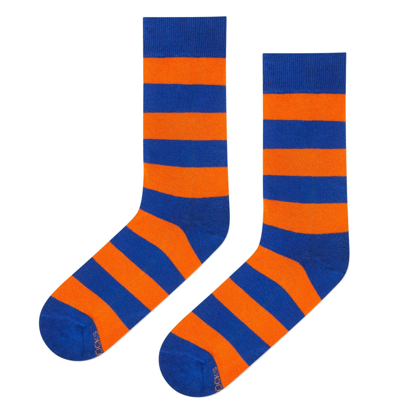 Bold Stripes Blue and Orange crew length socks for men and women — Dynamocks - Left Flat Lay
