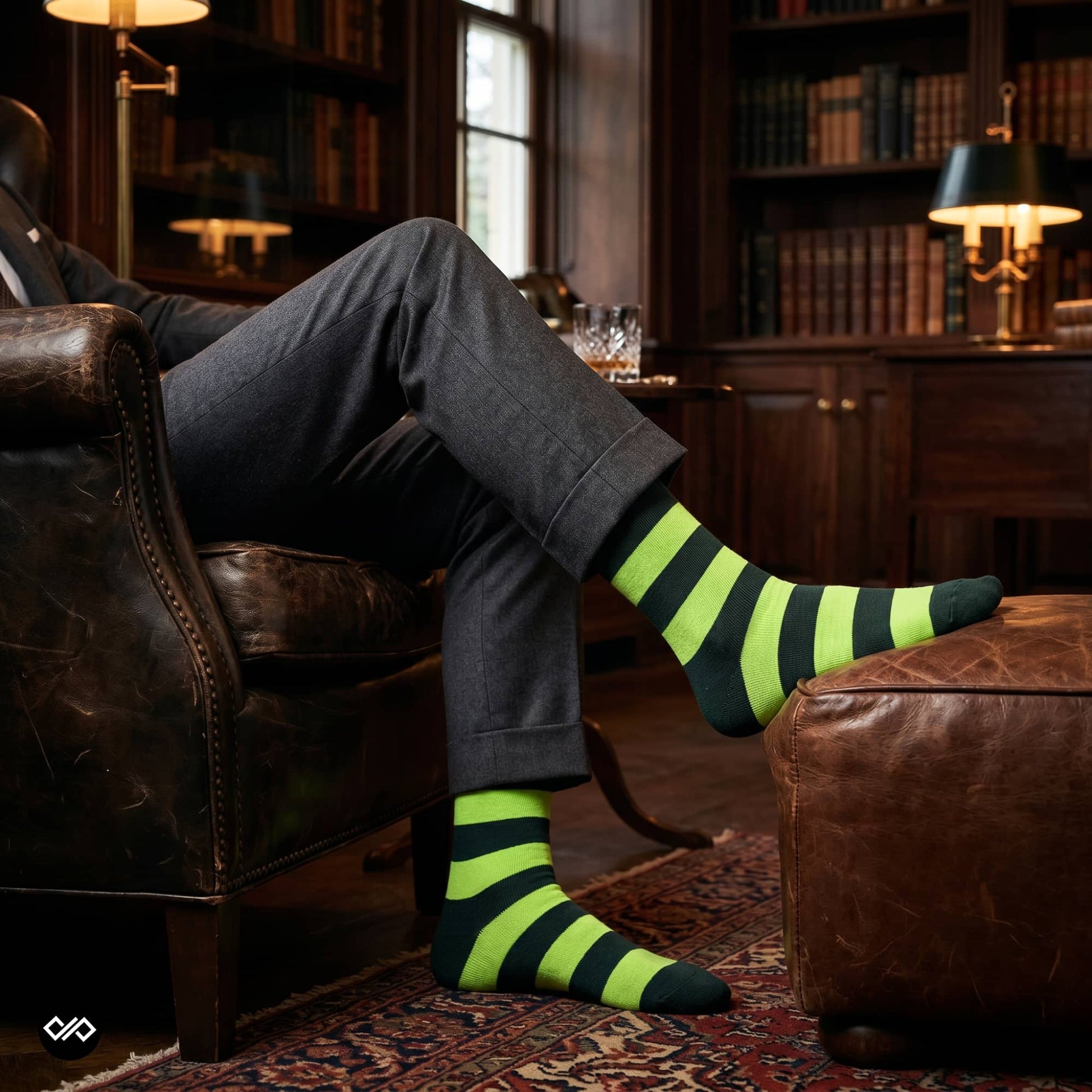Bold Stripes Neon and Olive striped crew socks styled with grey trousers in a classic library setting — Dynamocks