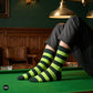 Bold Stripes Neon Olive striped crew length socks on green billiards table — premium cotton socks — Dynamocks
