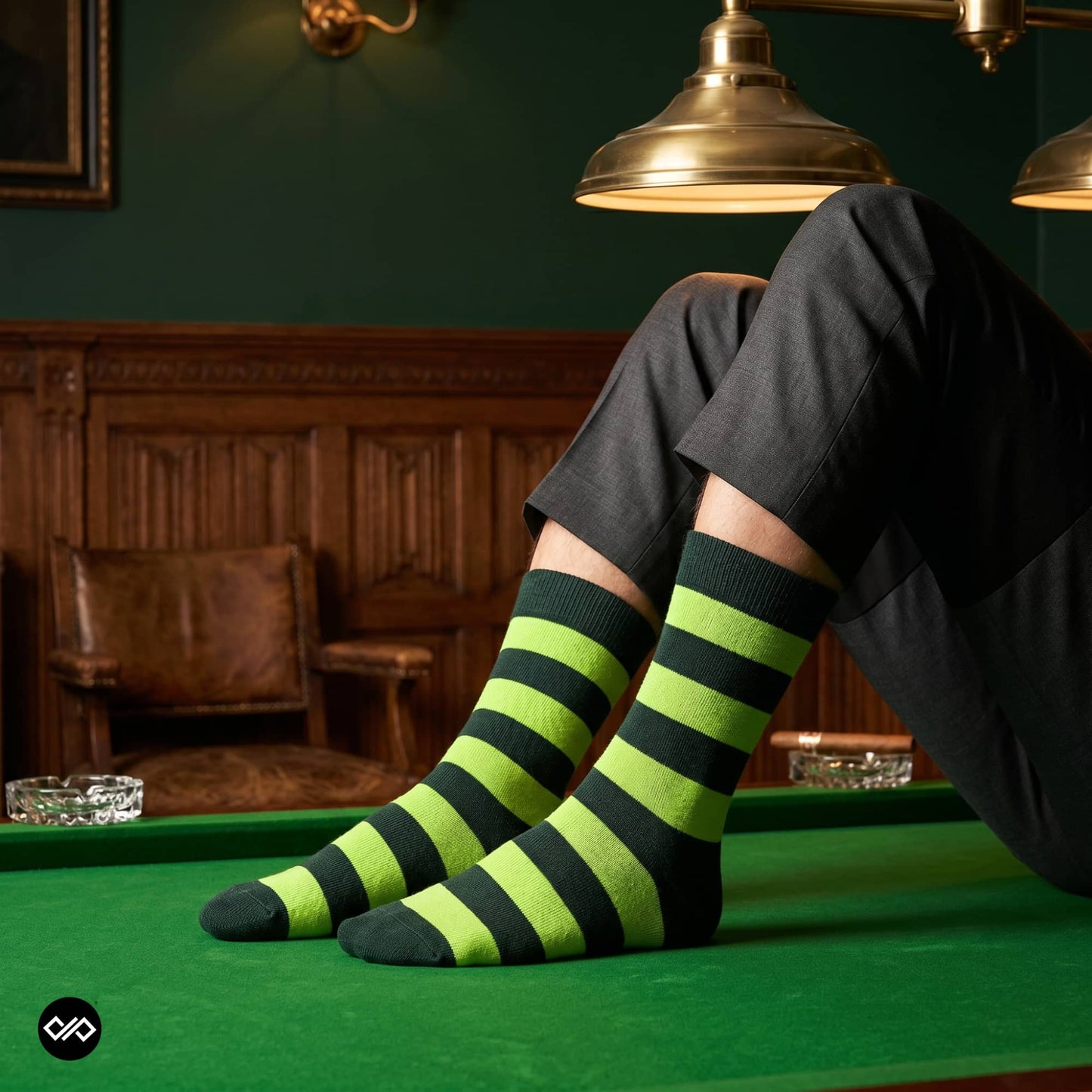 Bold Stripes Neon Olive striped crew length socks on green billiards table — premium cotton socks — Dynamocks