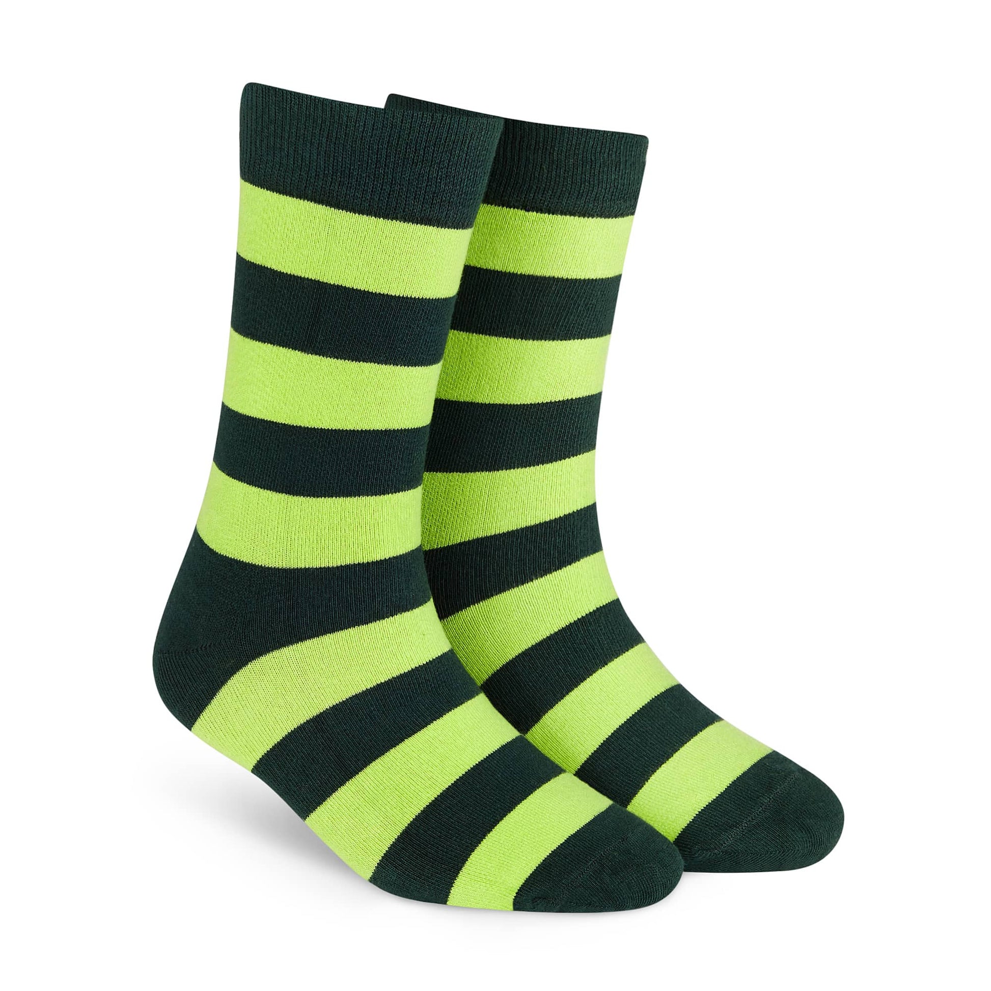 Bold Stripes Neon Green and Olive crew length socks for men and women — Dynamocks - Right Angle