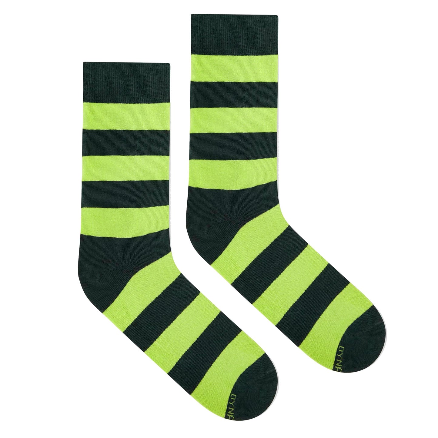 Bold Stripes Neon Green and Olive crew length socks for men and women — Dynamocks - Flat lay right
