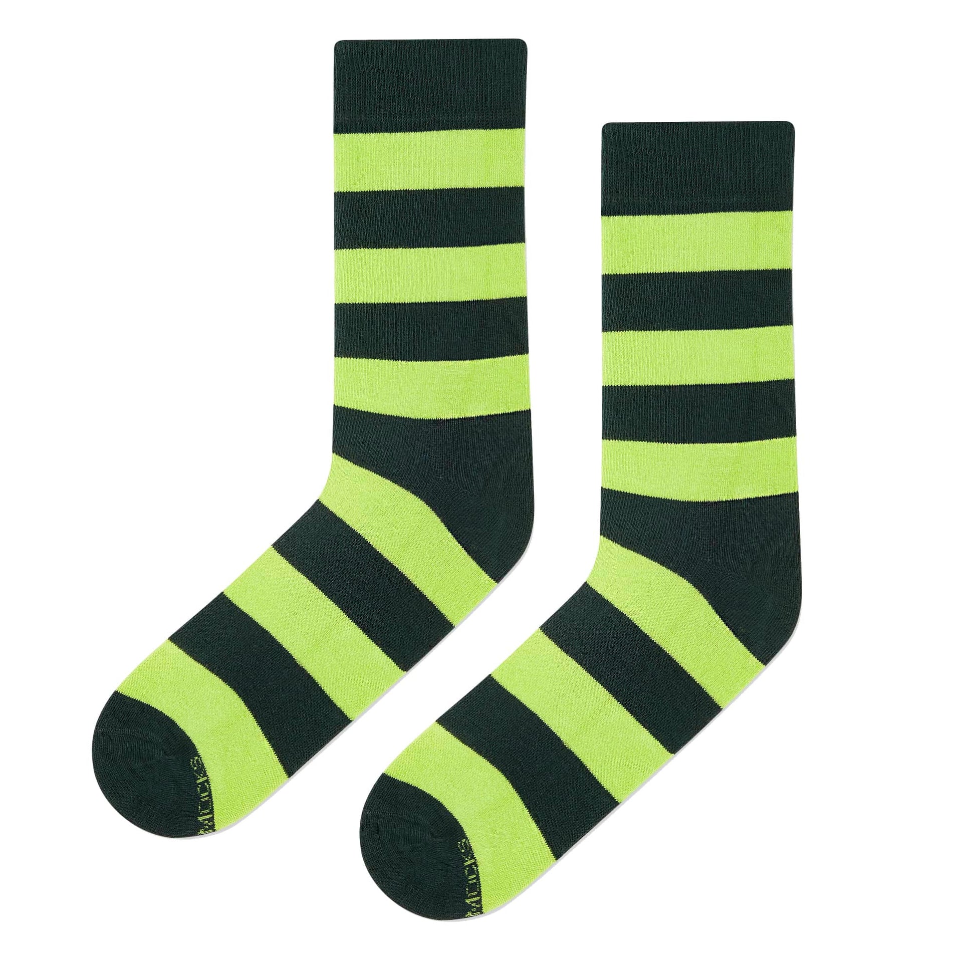 Bold Stripes Neon Green and Olive crew length socks for men and women — Dynamocks - Flat lay Left