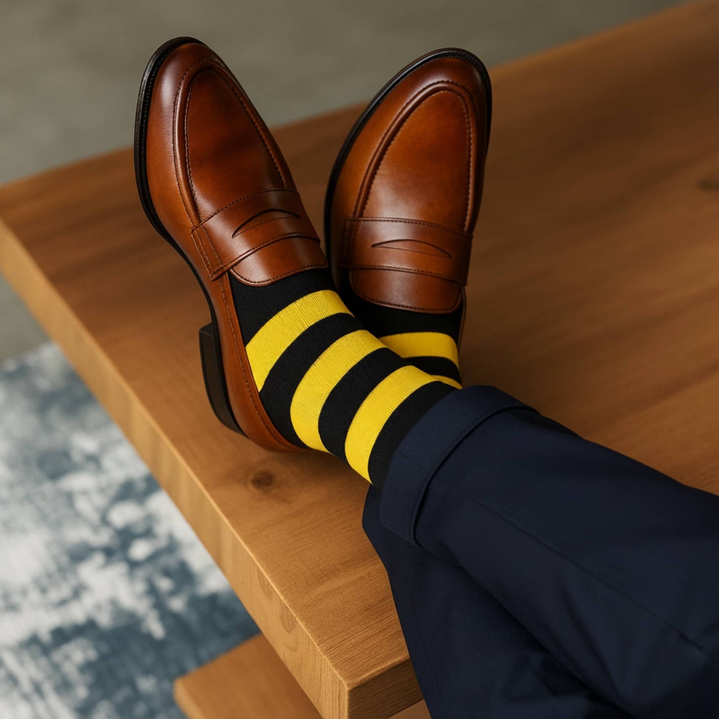 Yellow and black striped crew socks with brown loafers and navy trousers — Dynamocks
