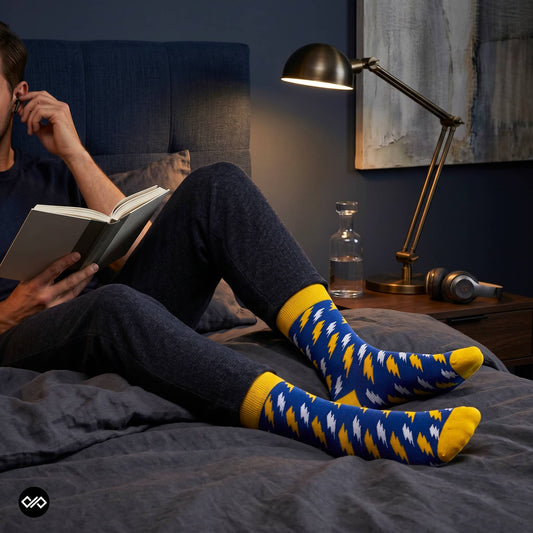 Blue lightning bolt crew socks worn relaxing on a bed at night — Dynamocks India