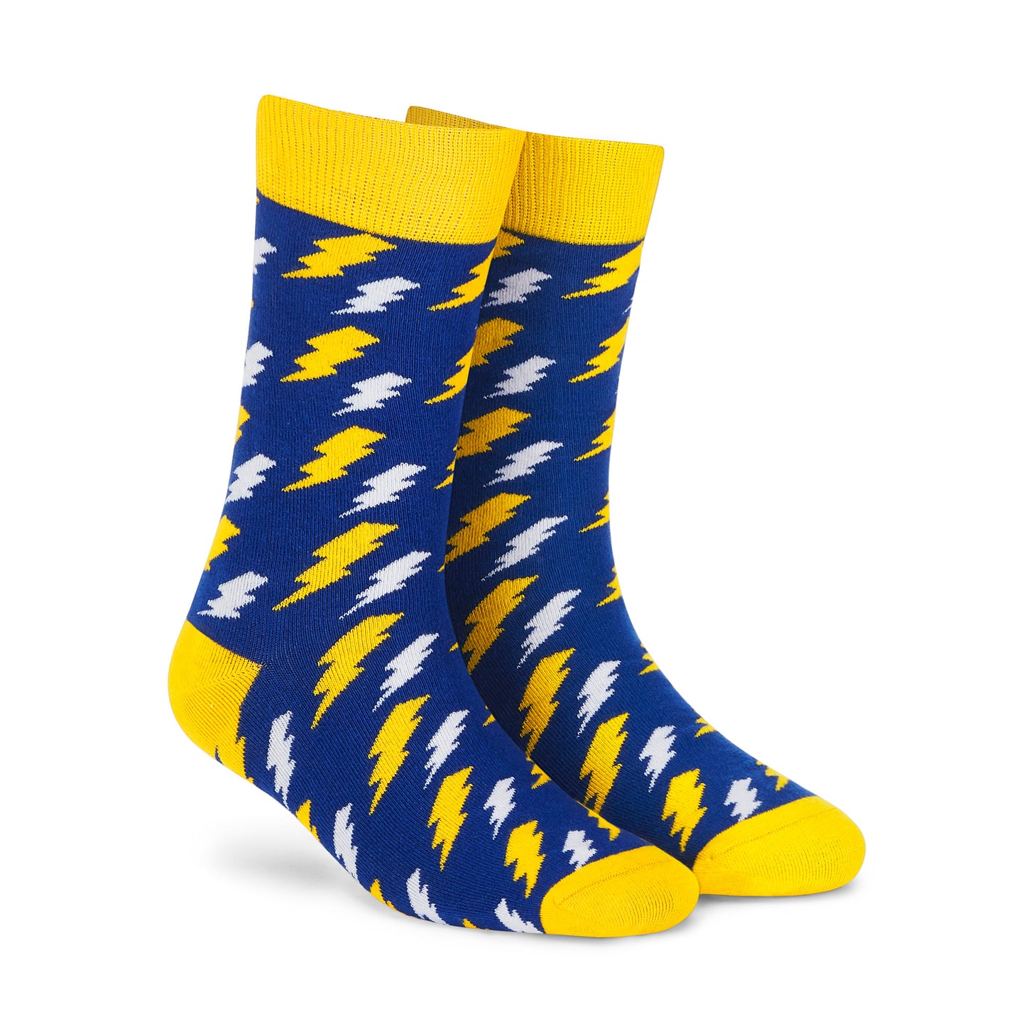 Bolt crew socks in cobalt blue with yellow and white lightning bolt designs — Dynamocks India - Right Angle