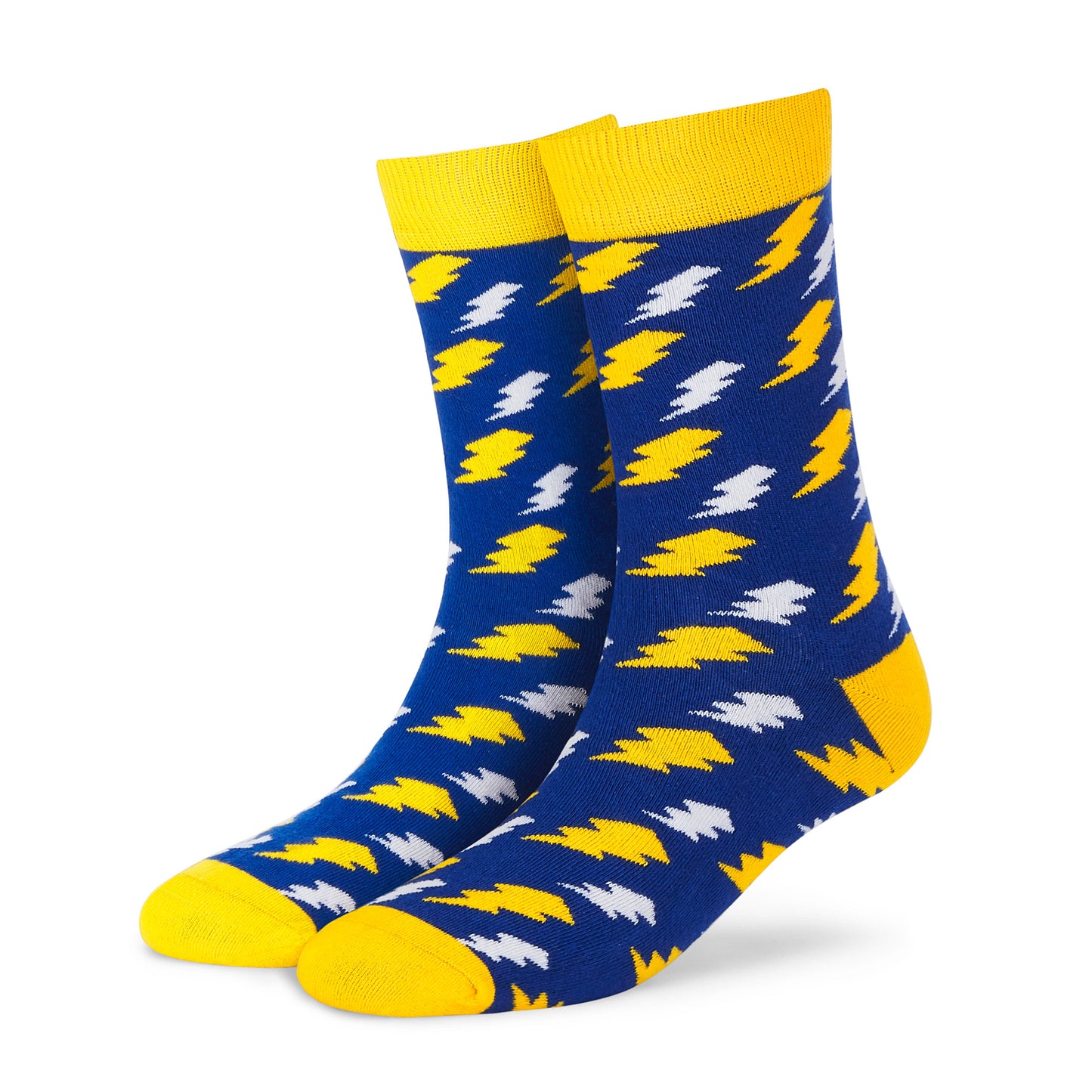Bolt crew socks in cobalt blue with yellow and white lightning bolt designs — Dynamocks India - Left Angle
