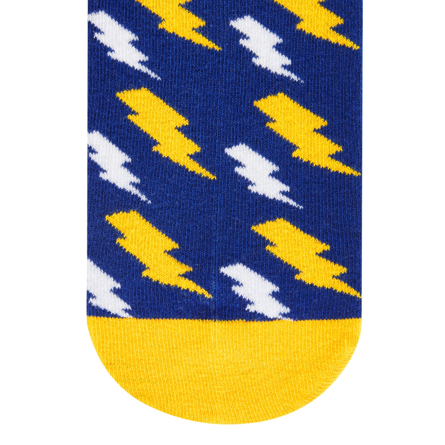 Bolt crew socks in cobalt blue with yellow and white lightning bolt designs — Dynamocks India - Closeup