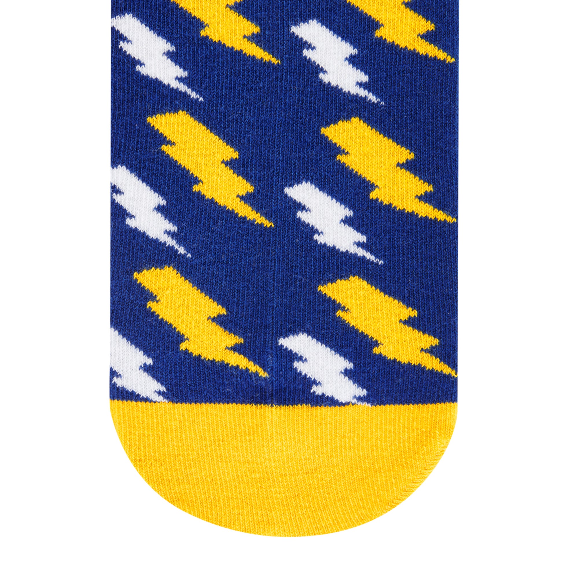 Bolt crew socks in cobalt blue with yellow and white lightning bolt designs — Dynamocks India - Closeup