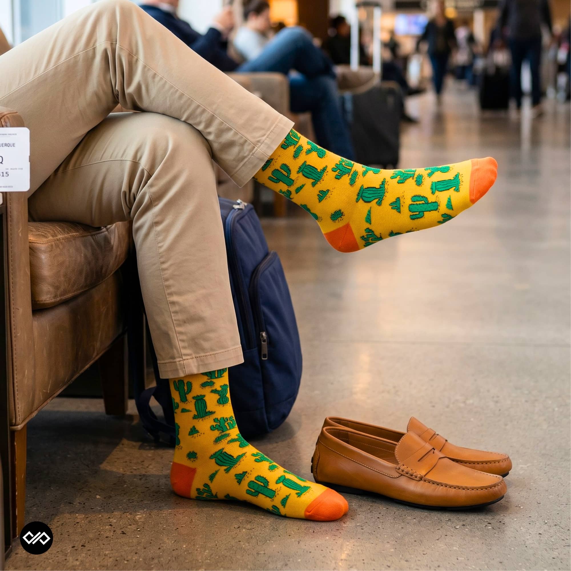 Cactus crew socks paired with khaki chinos and tan loafers in an airport lounge — Dynamocks