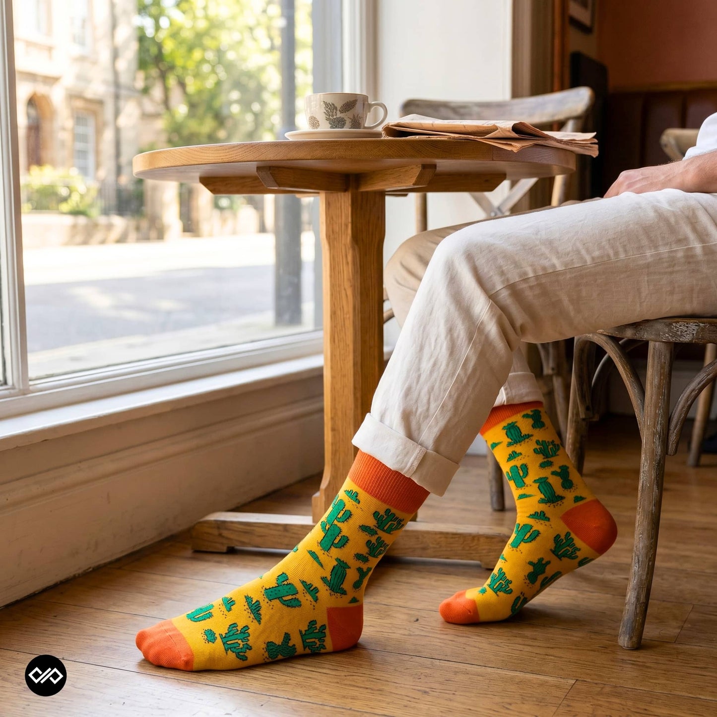 Cactus yellow crew socks worn with beige chinos at a sunlit cafe window seat — Dynamocks