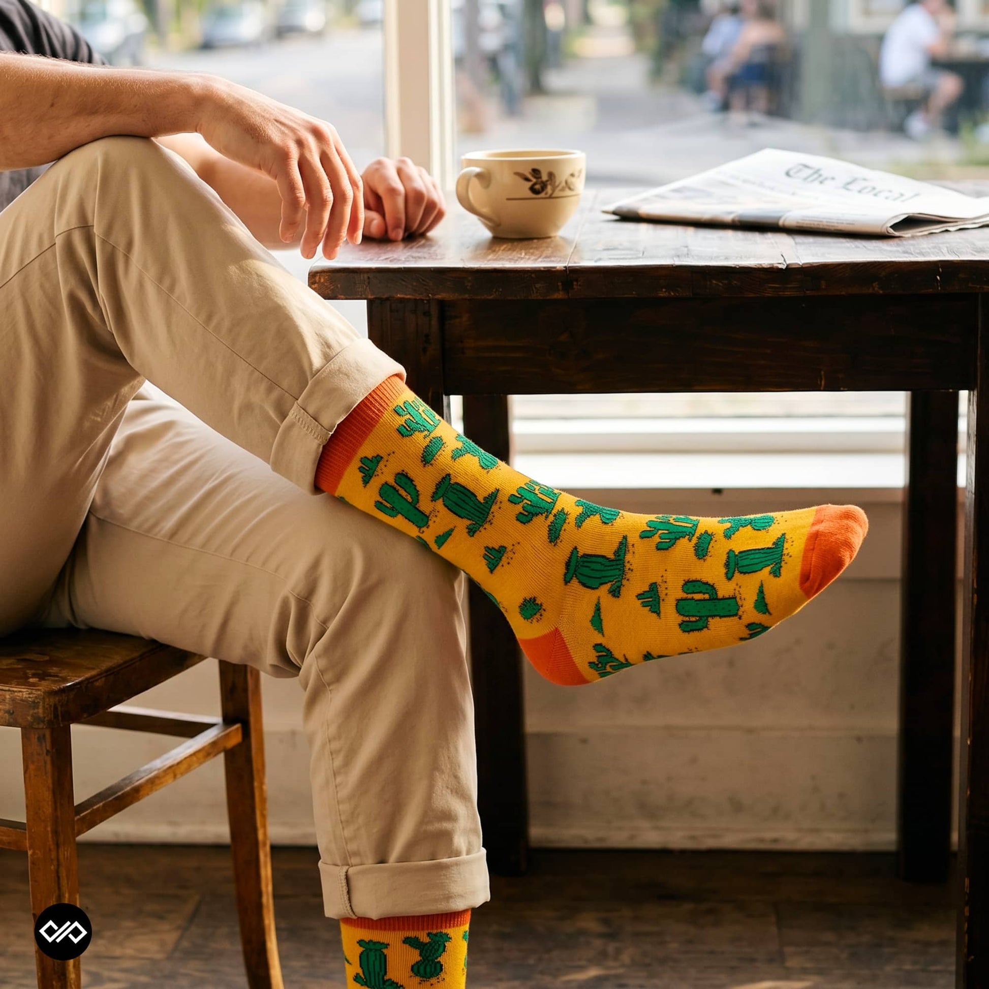 Cactus yellow and green crew socks styled with cream linen trousers in a cafe interior — Dynamocks