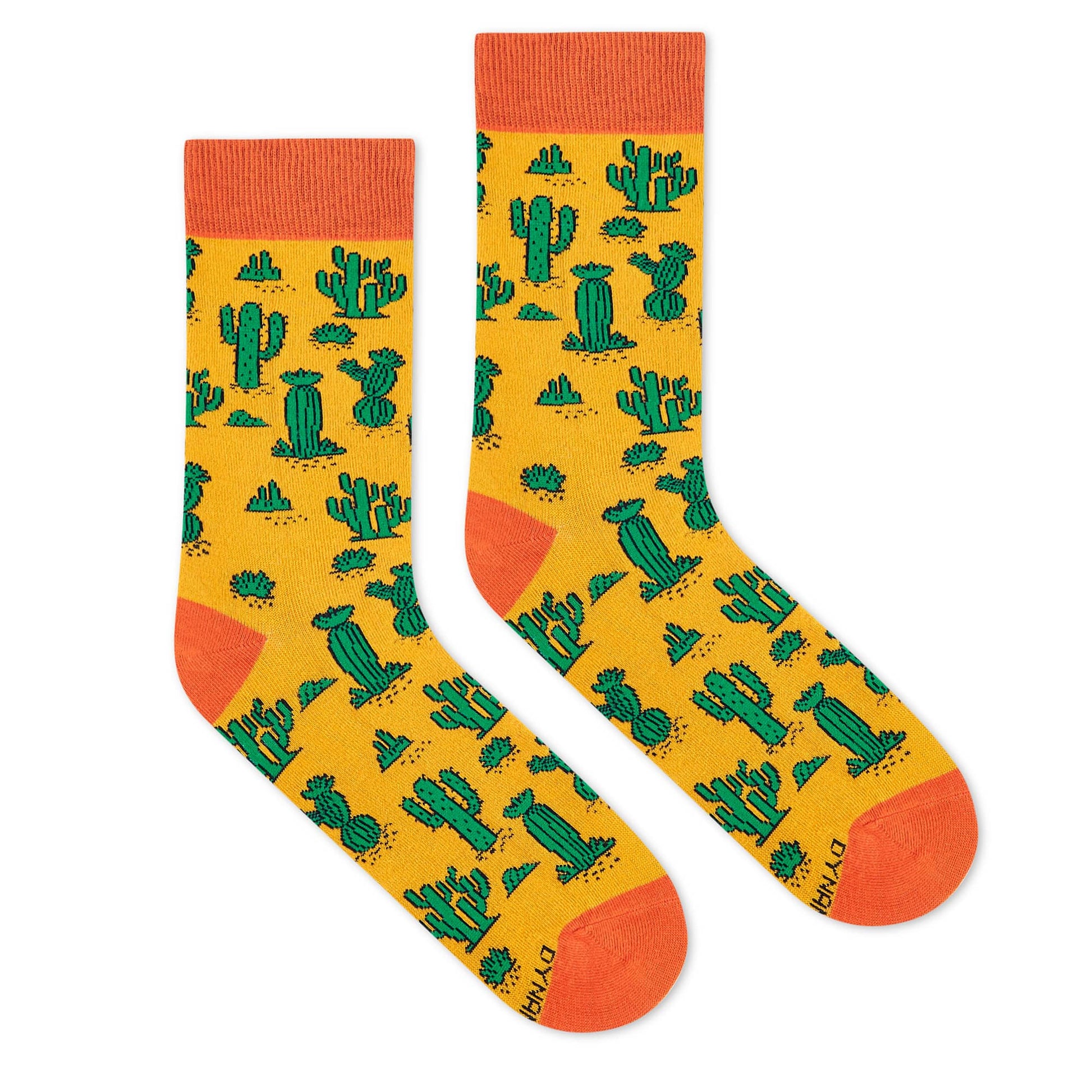 Cactus yellow crew socks with green cacti and orange cuff for men and women — Dynamocks - Right Flat Lay