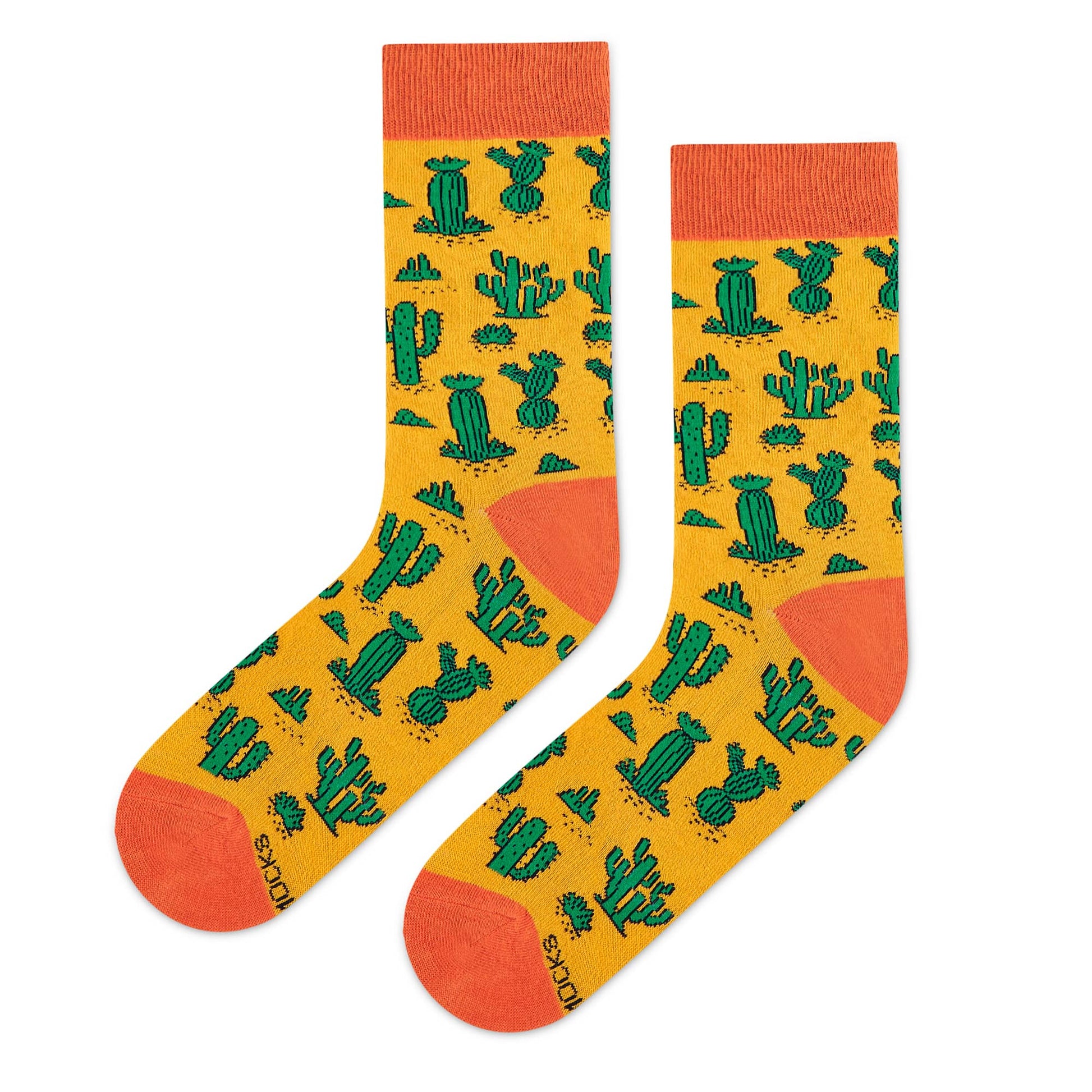 Cactus yellow crew socks with green cacti and orange cuff for men and women — Dynamocks - Left Flat Lay