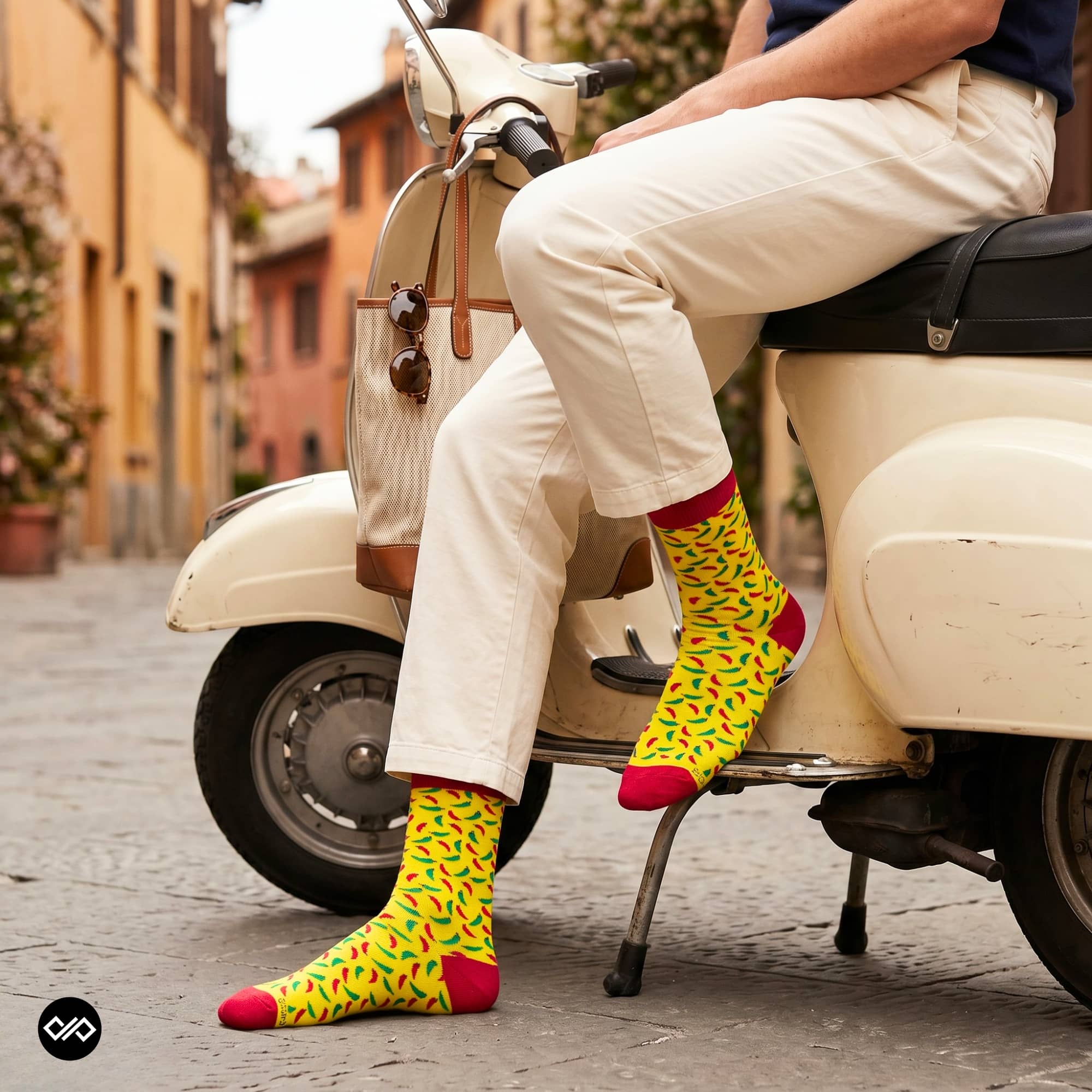 Chillies crew socks styled with cream trousers seated on a vintage scooter on a cobbled street – Dynamocks