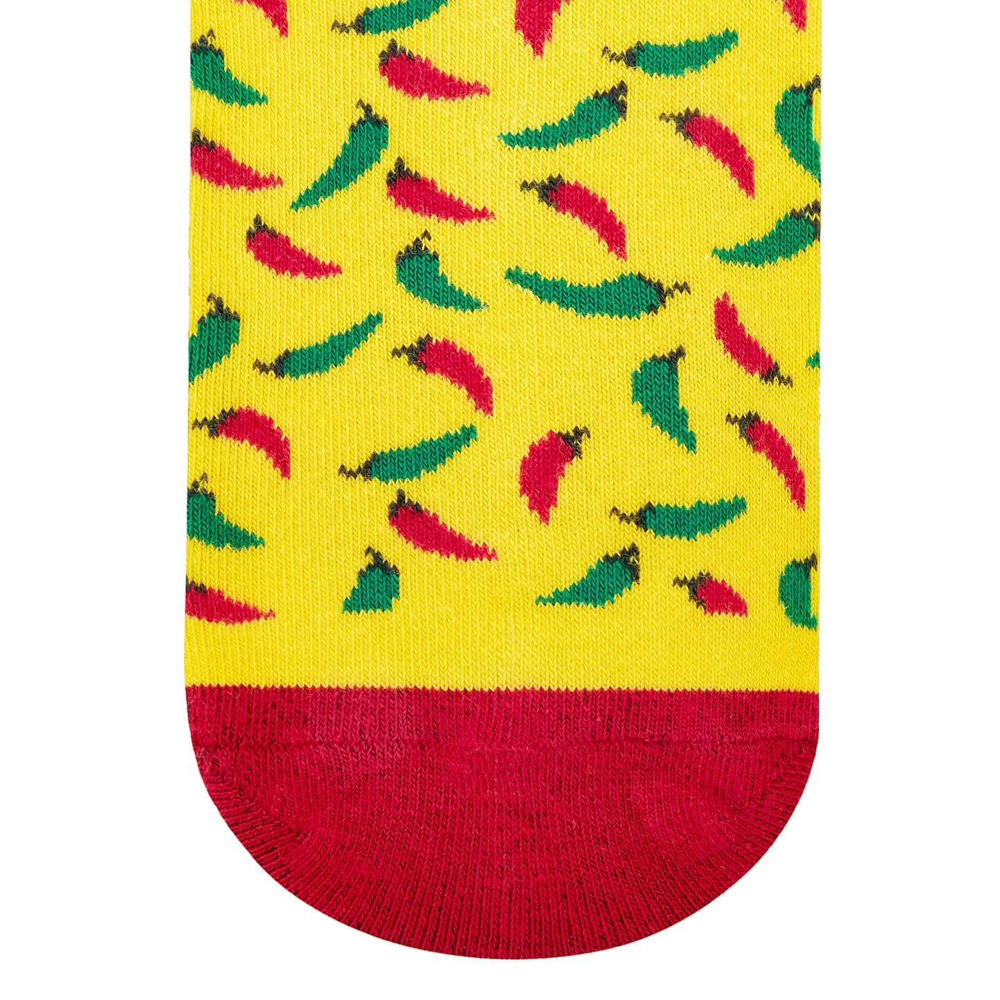 Chillies crew socks for men and women — yellow with red and green chilli-pepper design – Dynamocks - Closeup