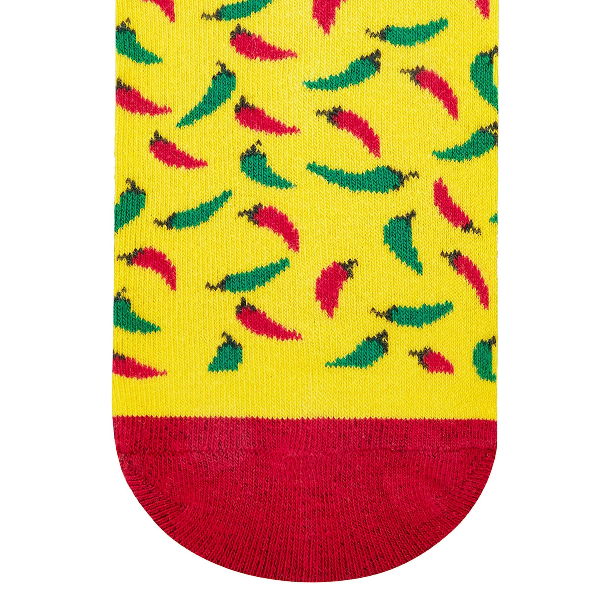 Chillies crew socks for men and women — yellow with red and green chilli-pepper design – Dynamocks - Closeup