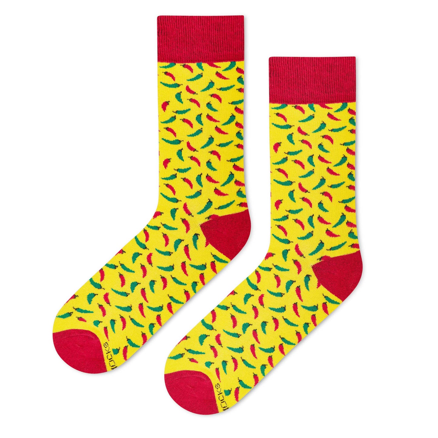 Chillies crew socks for men and women — yellow with red and green chilli-pepper design – Dynamocks - Left Flat Lay