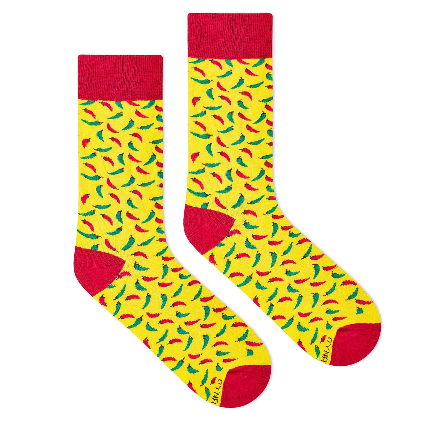 Chillies crew socks for men and women — yellow with red and green chilli-pepper design – Dynamocks - Right Flat Lay