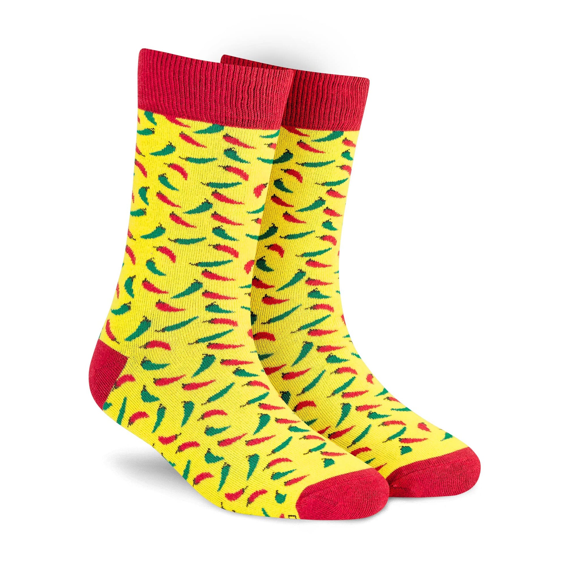 Chillies crew socks for men and women — yellow with red and green chilli-pepper design – Dynamocks - Right Angle