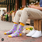 Citrus crew socks paired with beige chinos and white sneakers at farmers market — lime and lemon designer cotton crew socks – Dynamocks India