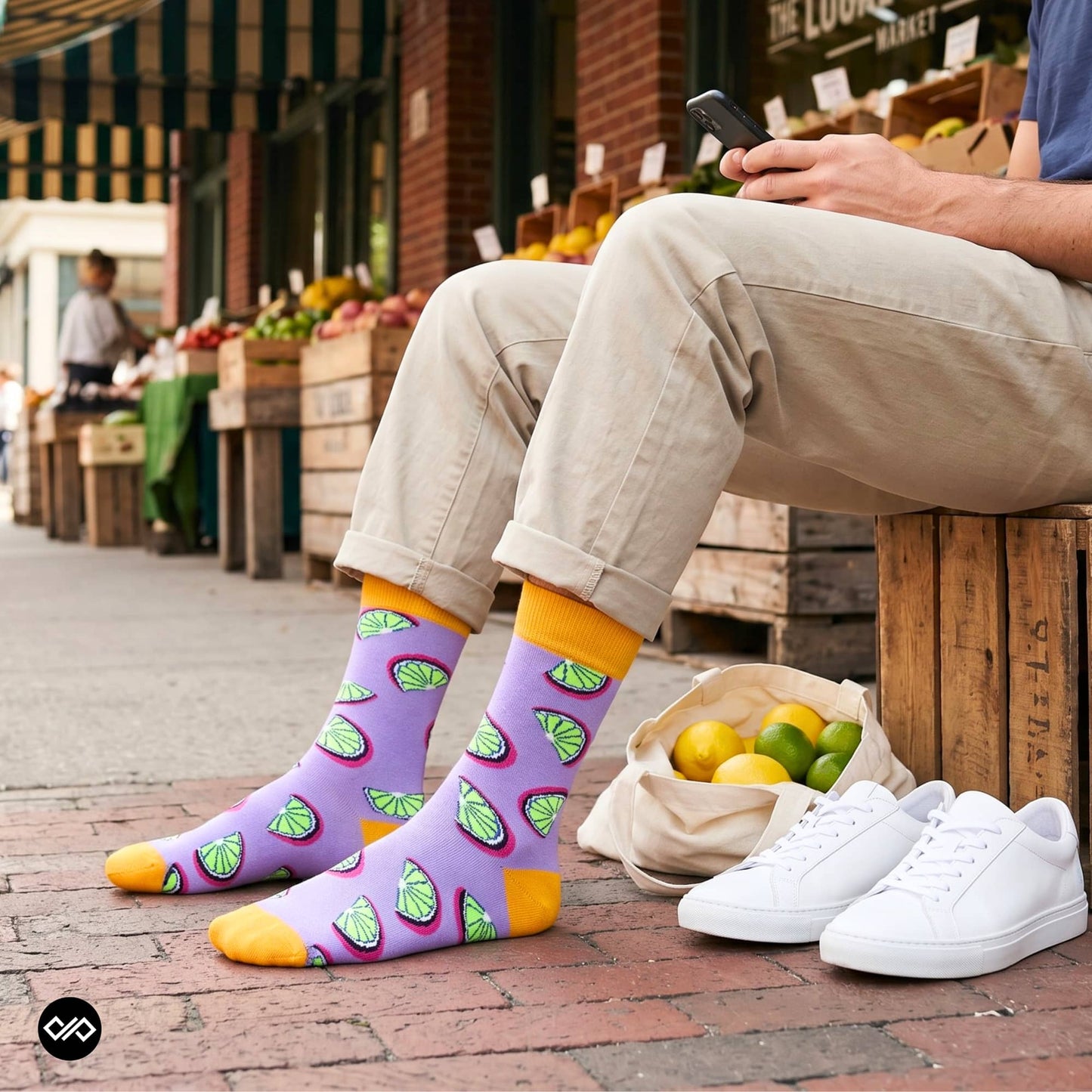 Citrus crew socks paired with beige chinos and white sneakers at farmers market — lime and lemon designer cotton crew socks – Dynamocks India